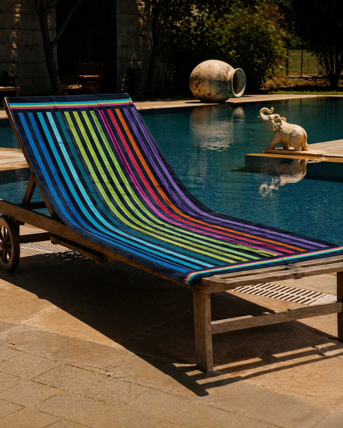 Black beach towel with thin vertical rainbow stripes in blue, green, pink, orange and purple