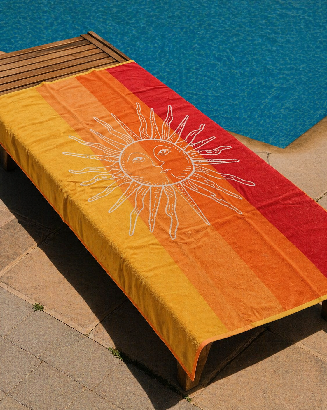 Yellow, orange and red vertical striped beach towel with white sun face design