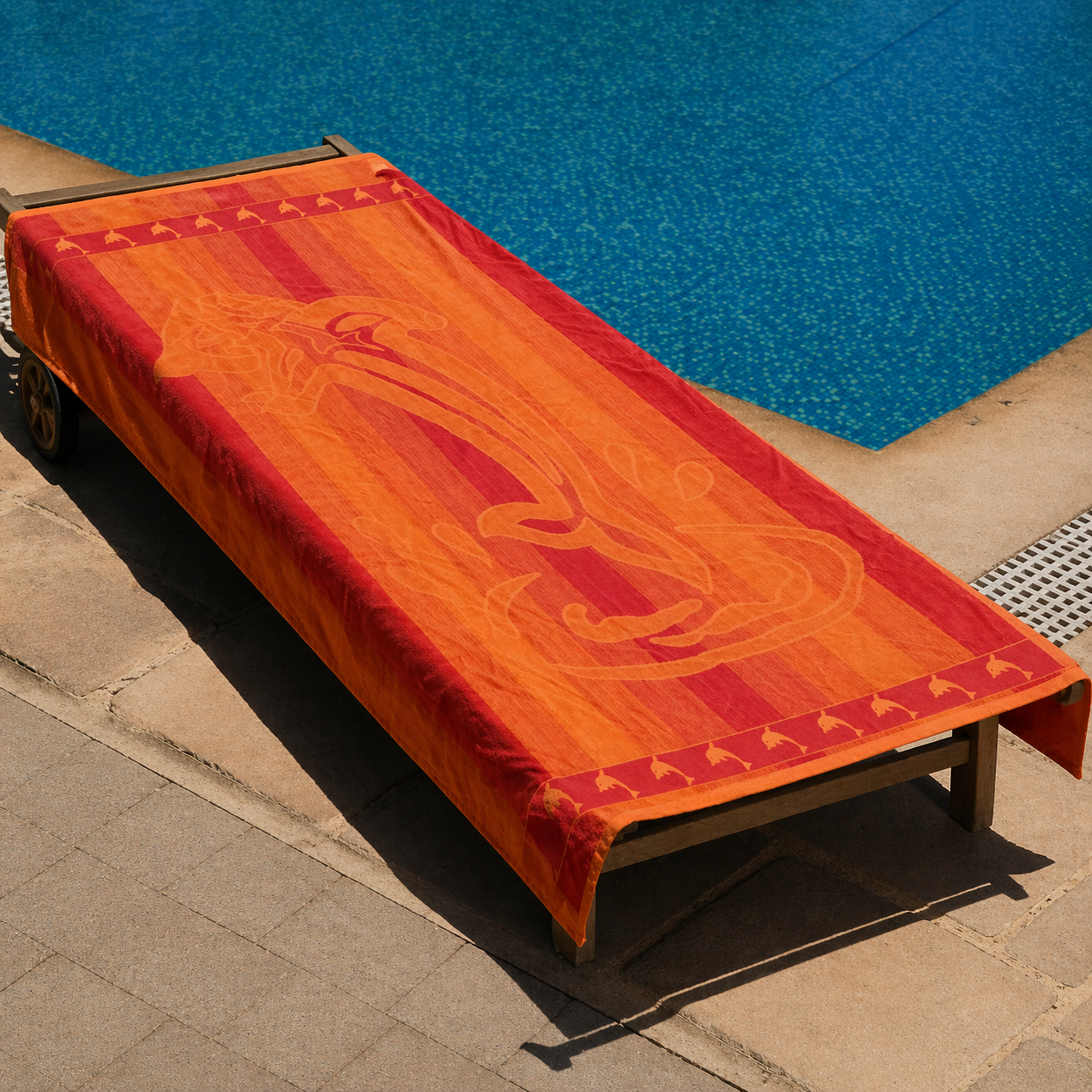Orange and red striped beach towel with subtle dolphin design and dolphin border