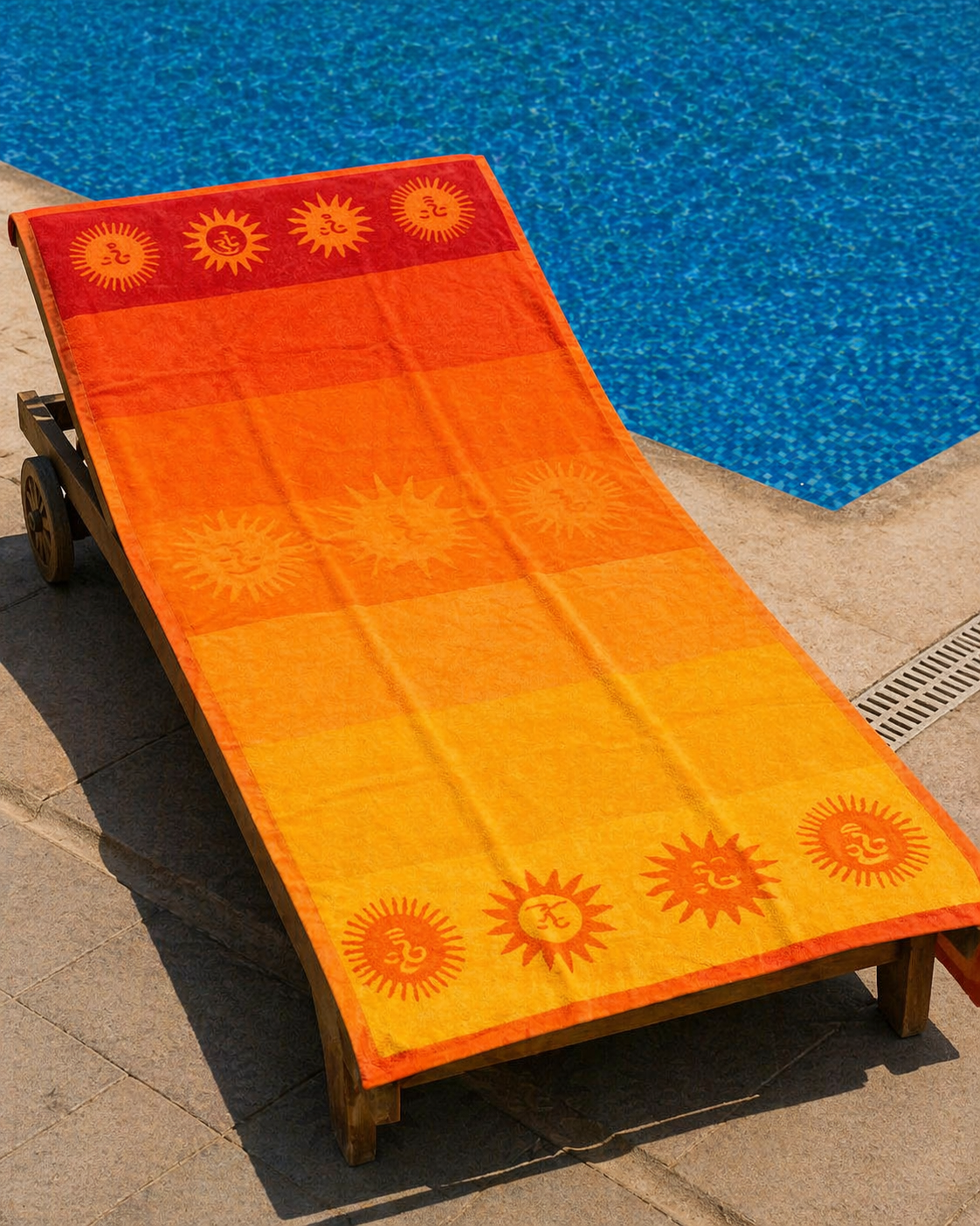 Yellow and orange ombre beach towel with sun face motif borders at top and bottom