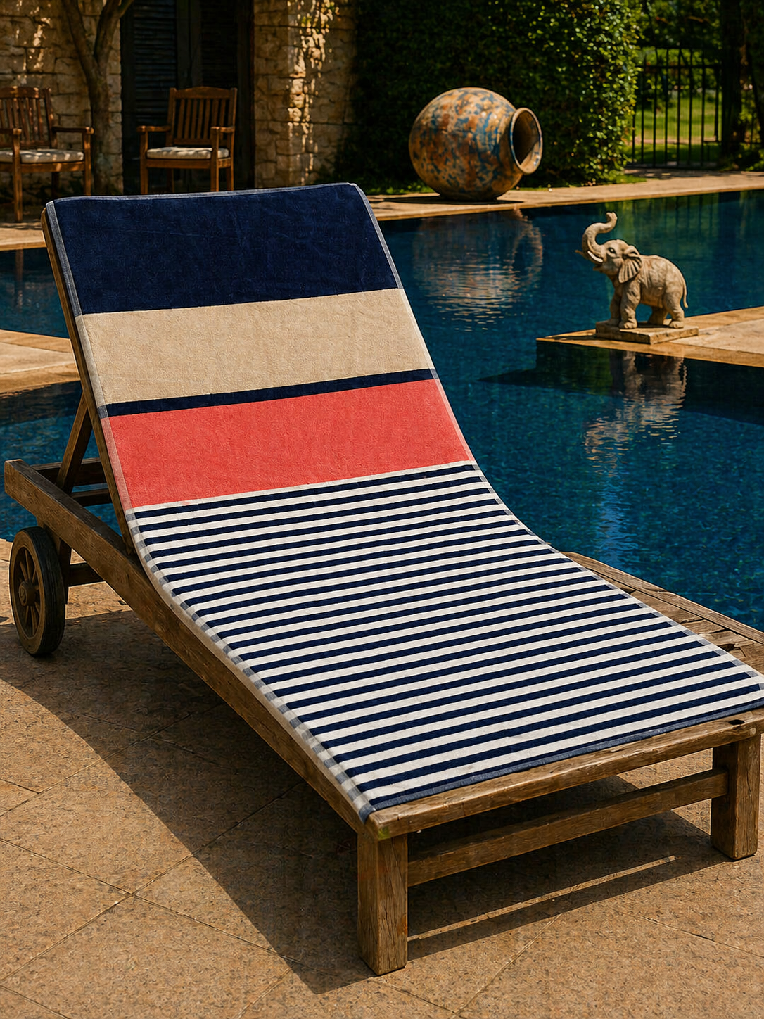 Beach towel with navy blue, beige and coral color block sections and navy & white stripes