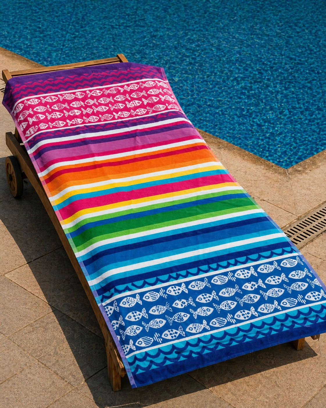 Bright rainbow striped beach towel with white fish pattern borders in pink, orange, yellow, green and blue