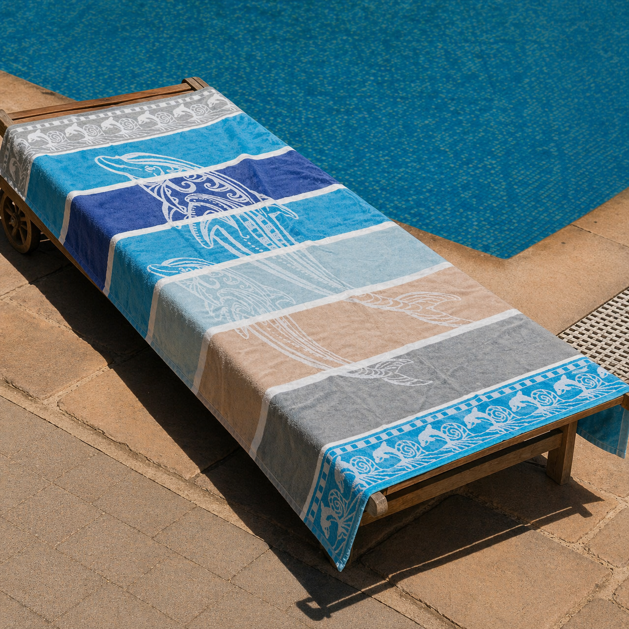 Pastel beach towel with blue, peach and grey horizontal stripes featuring two white dolphin motifs