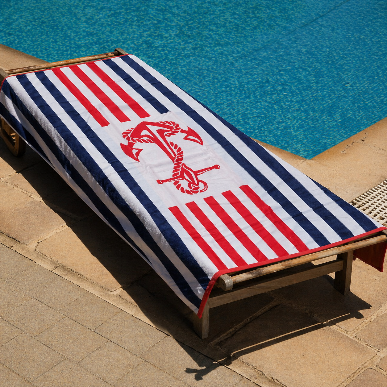 Navy, white and red cabana striped beach towel with central red anchor motif