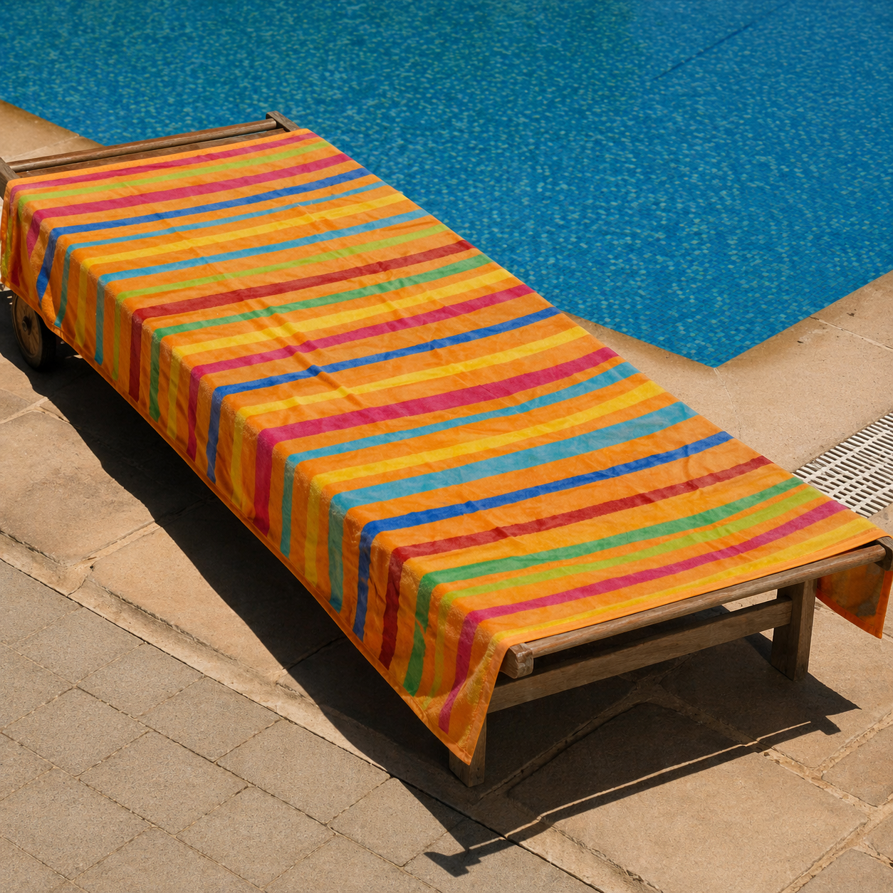 Bright orange dominant beach towel with red, yellow, green, blue and pink horizontal stripes