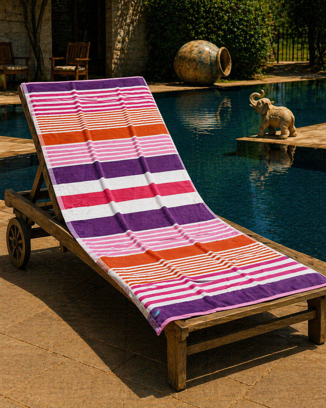 Pink, purple, orange, red and white horizontal striped beach towel with mixed stripe widths