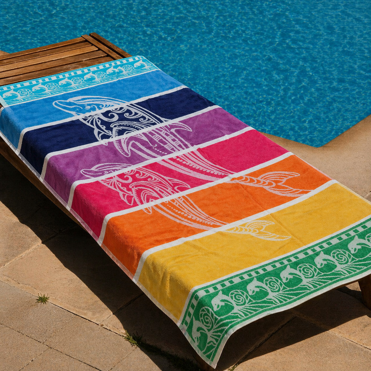 Multicolor rainbow striped beach towel with two large white dolphin motifs and dolphin border
