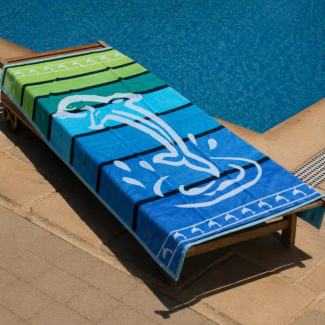 Blue and green striped beach towel with large white dolphin jumping out of water