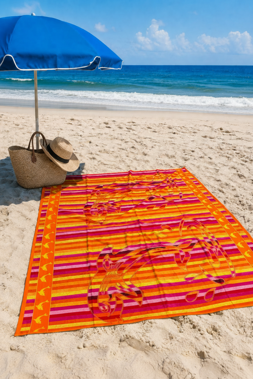 Giant Orange Dolphin Stripes Beach Towel