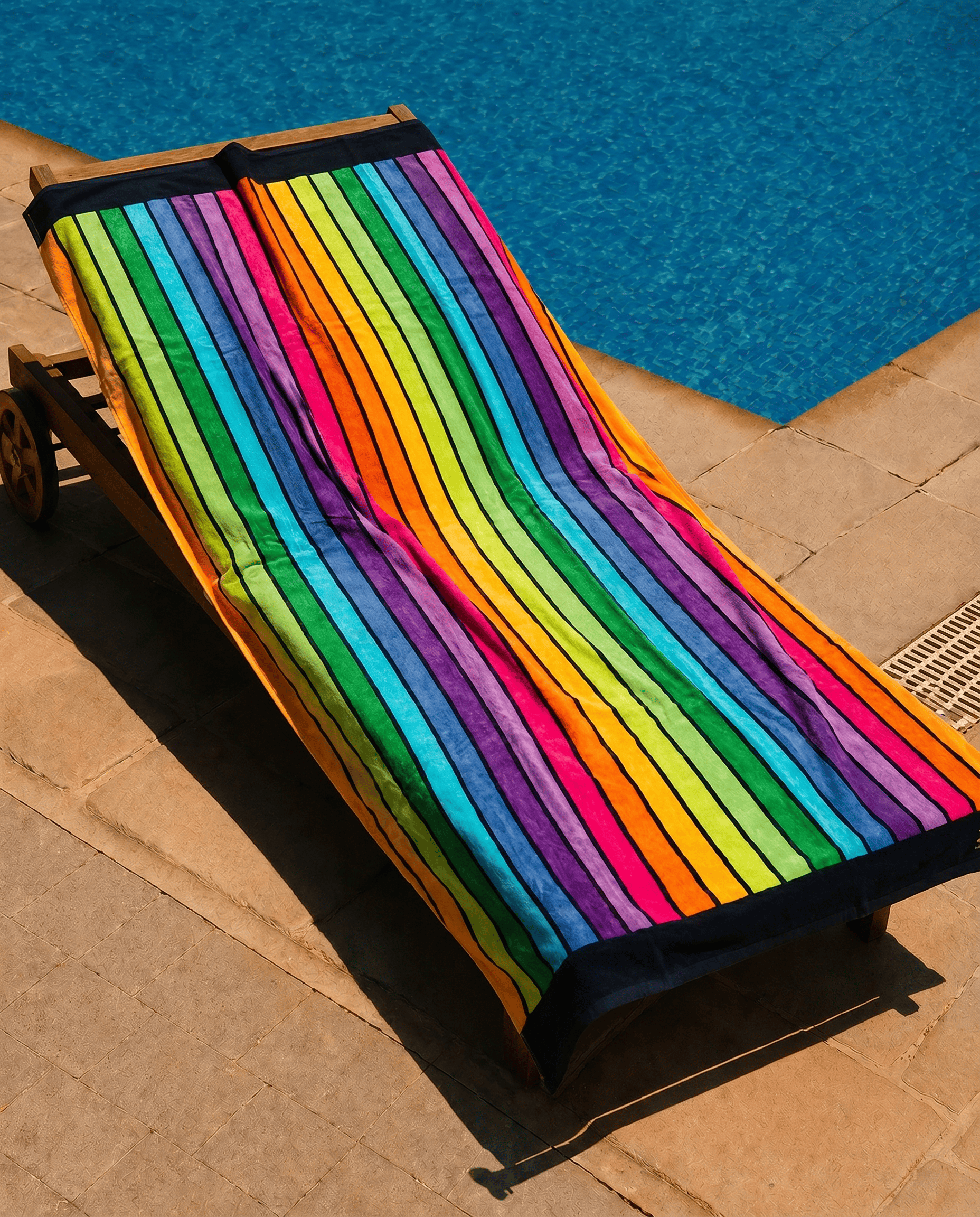 Cabana Rainbow Beach Towel draped over a lounge chair