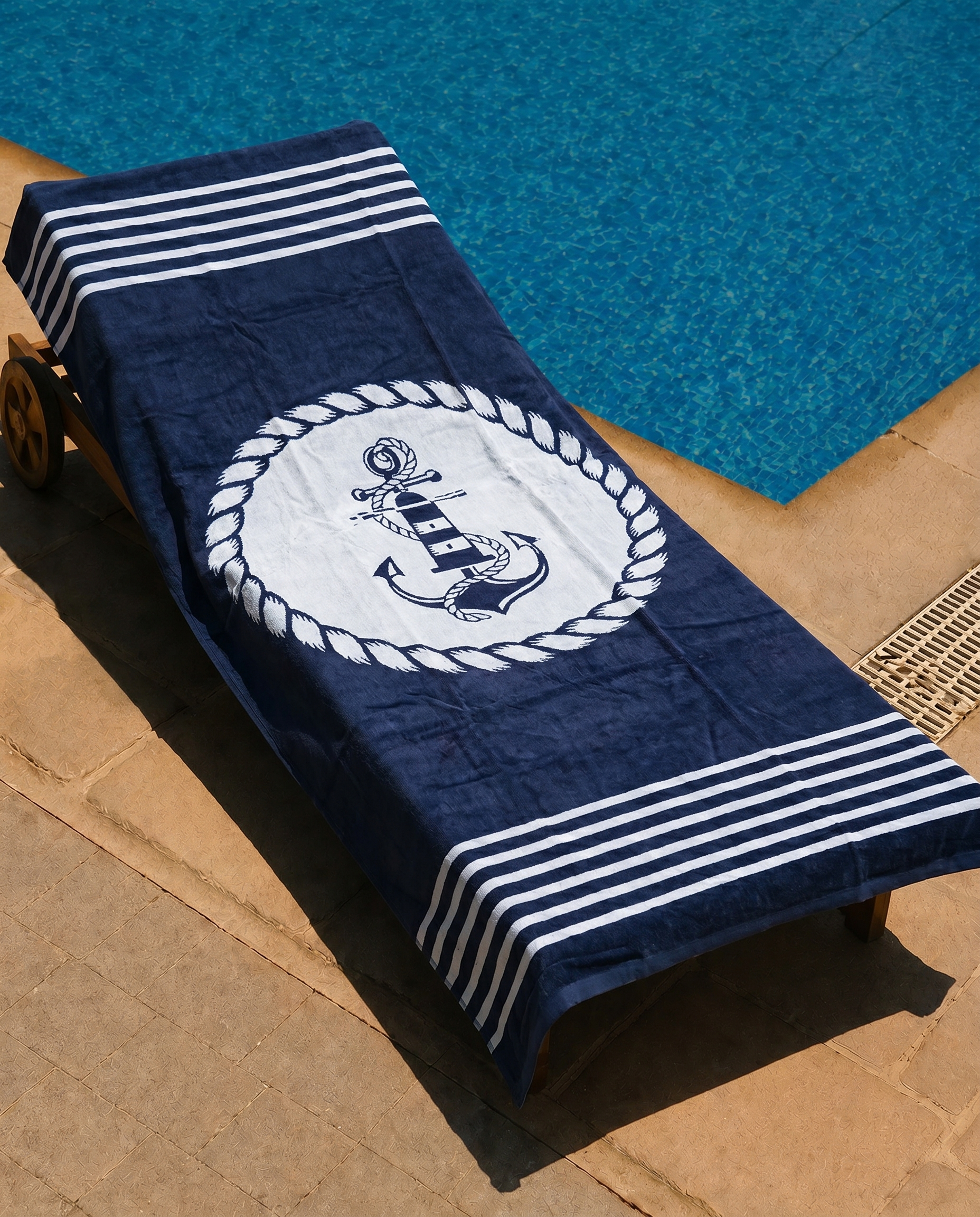 Sailor's Seal Beach Towel draped over a lounge chair