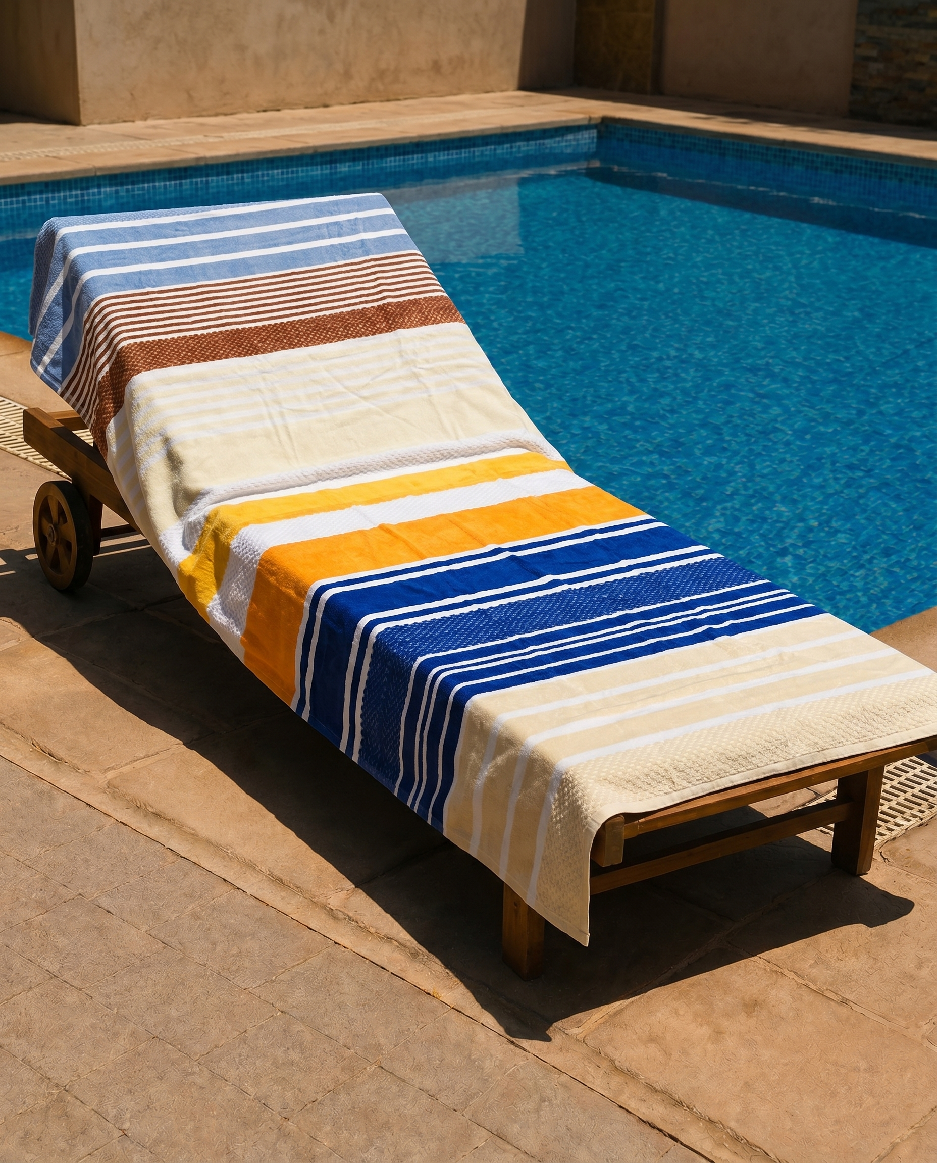 Riviera Stripe Beach Towel draped over a lounge chair