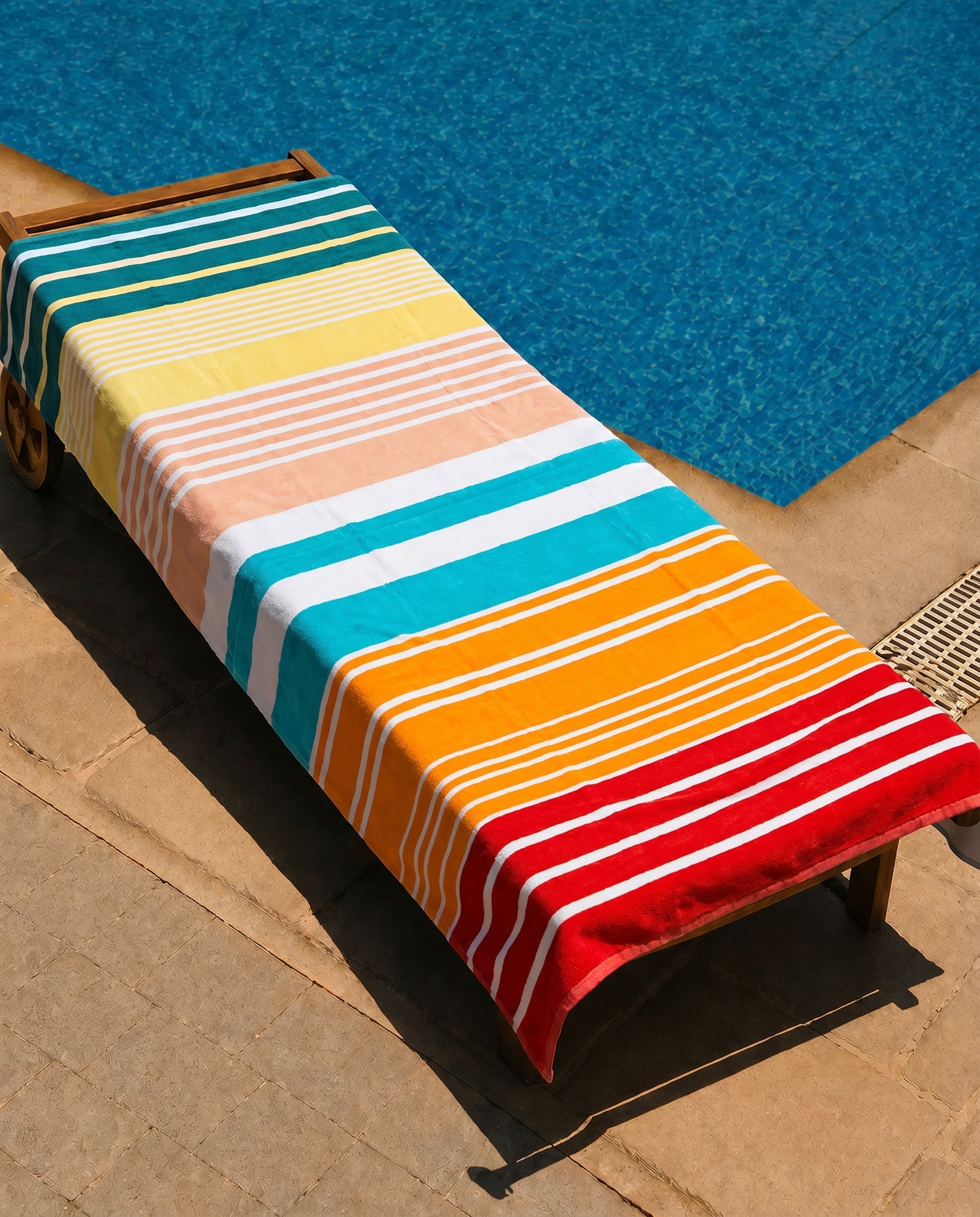 Sunset Stripe Beach Towel draped over a lounge chair