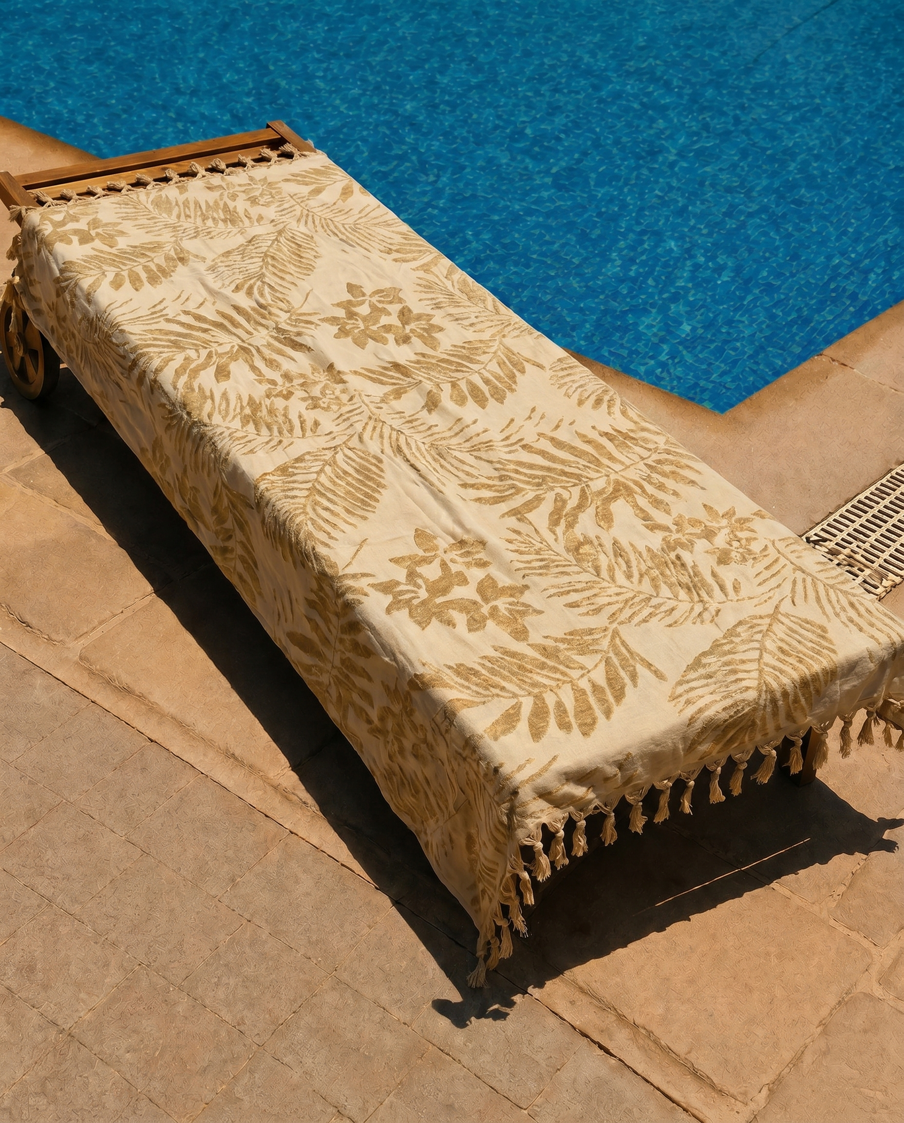 Golden Palm Beach Towel draped over a lounge chair