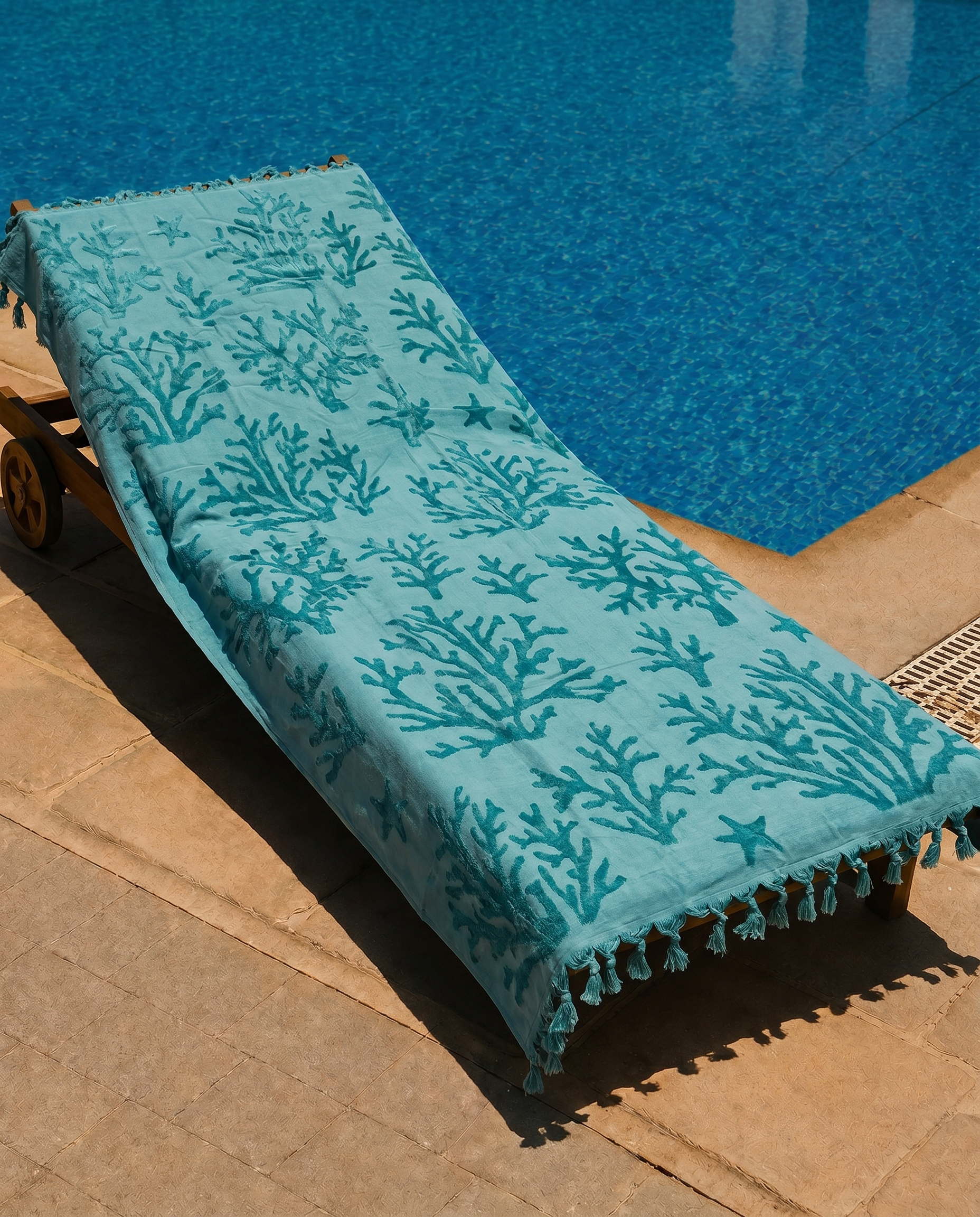 Teal Reef Beach Towel draped over a lounge chair