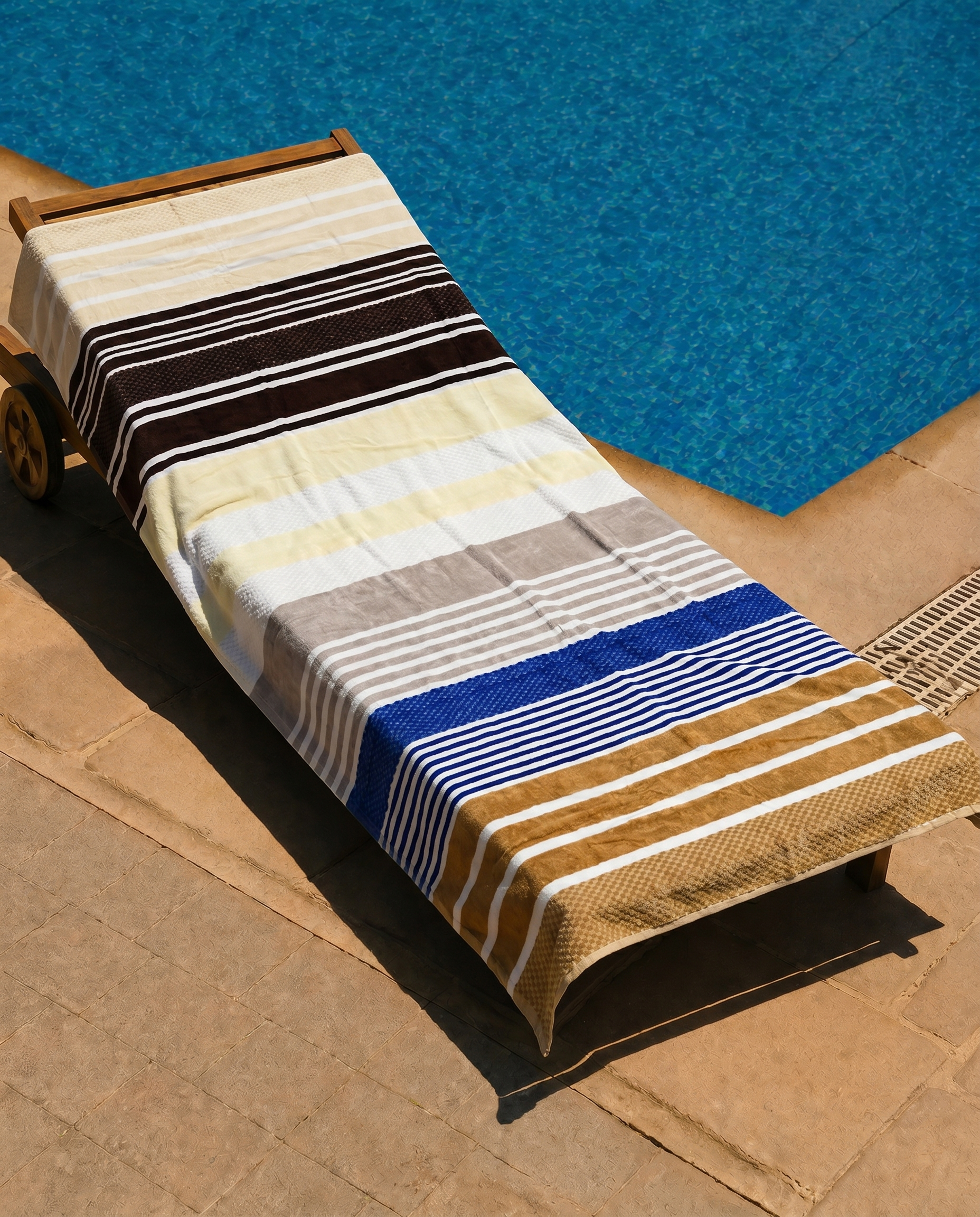 Dune Stripe Beach Towel draped on a lounge chair