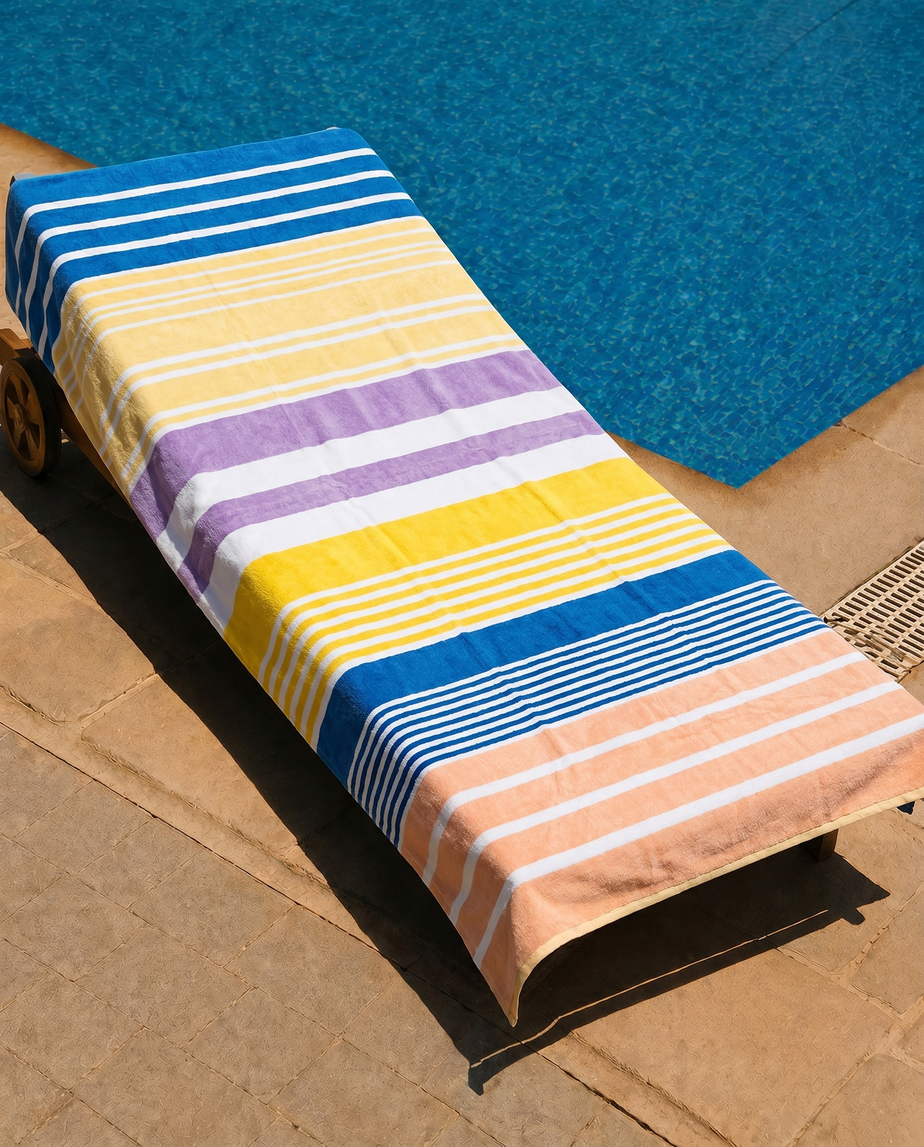 Sorbet Stripe Beach Towel draped on a lounge chair