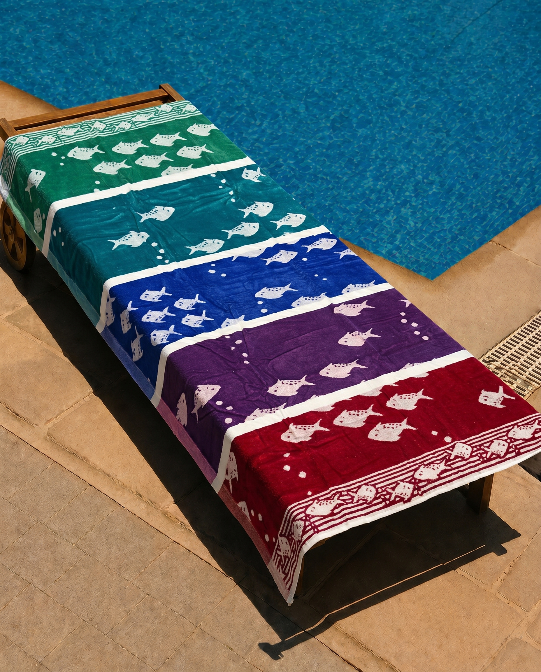 School of Fish Beach Towel draped on a lounge chair
