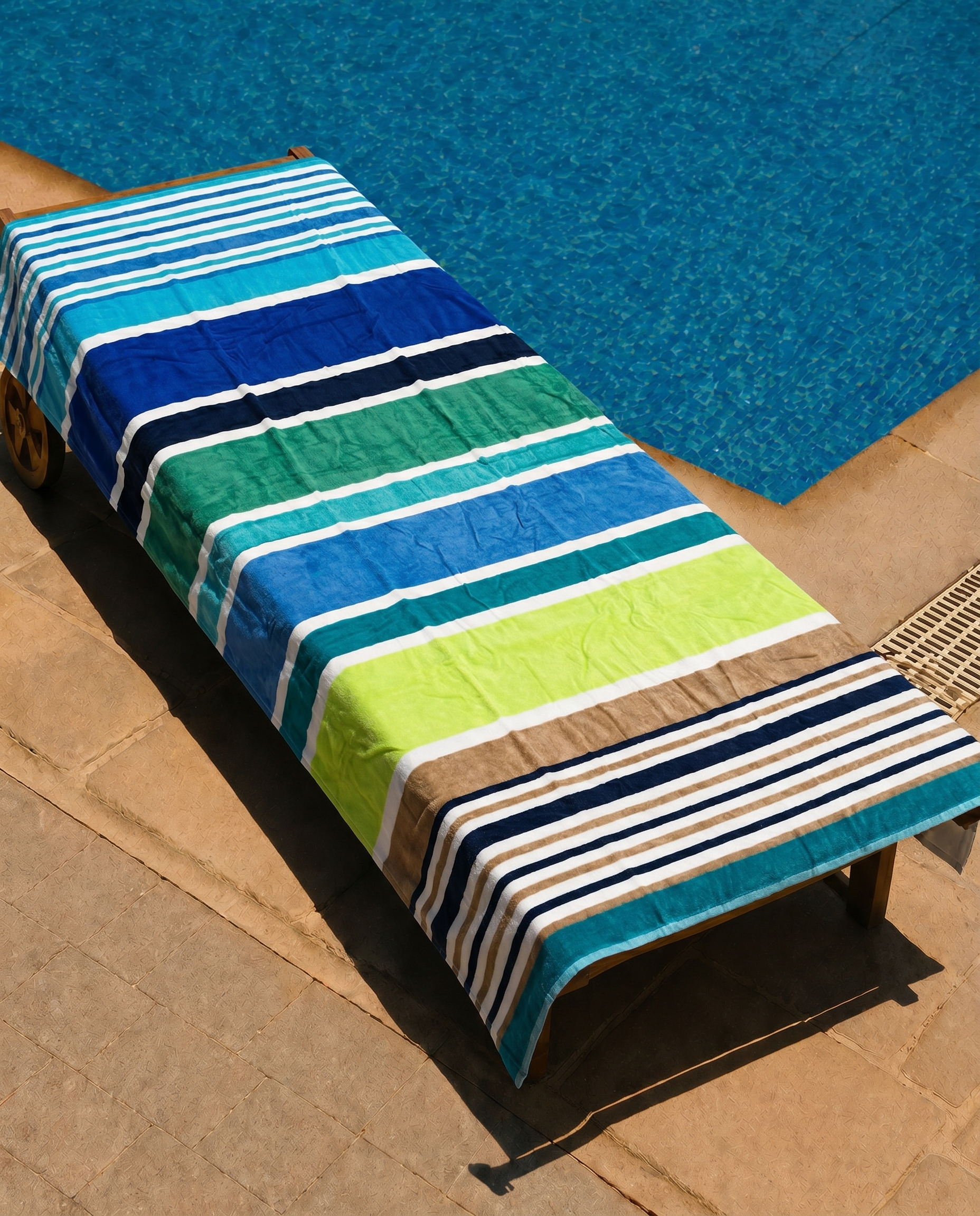 Lagoon Stripe Beach Towel draped on a lounge chair