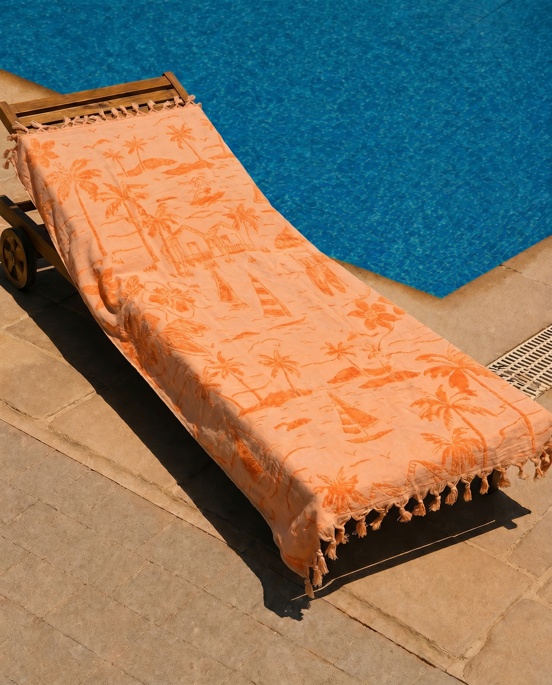 Mango Paradise Beach Towel draped on a lounge chair