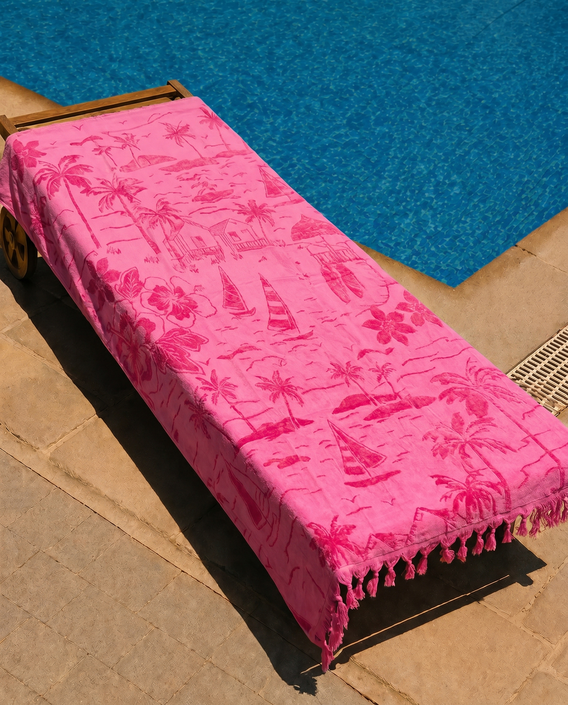Pink Paradise Beach Towel draped on a lounge chair