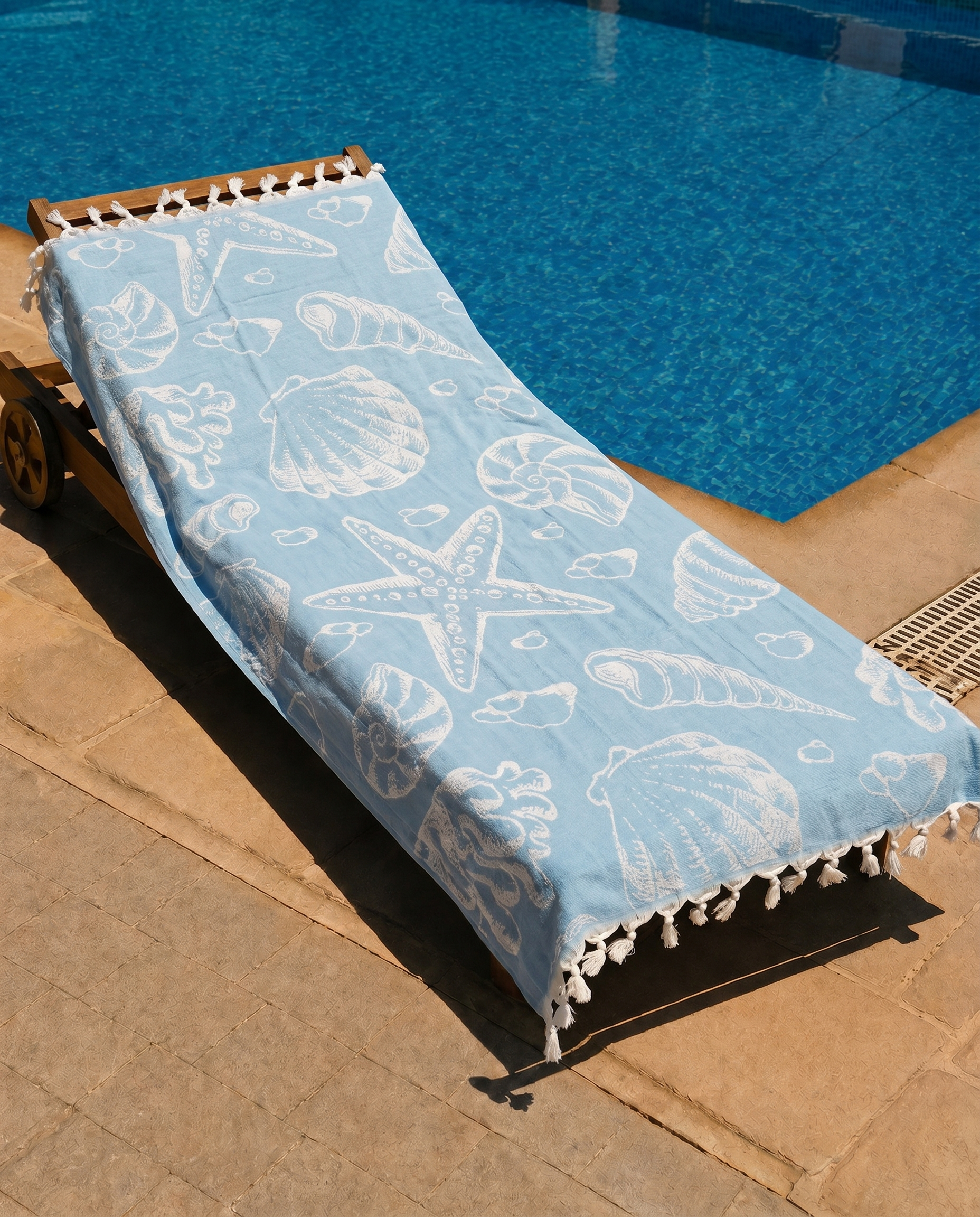 Seashell Blue Beach Towel draped on a lounge chair