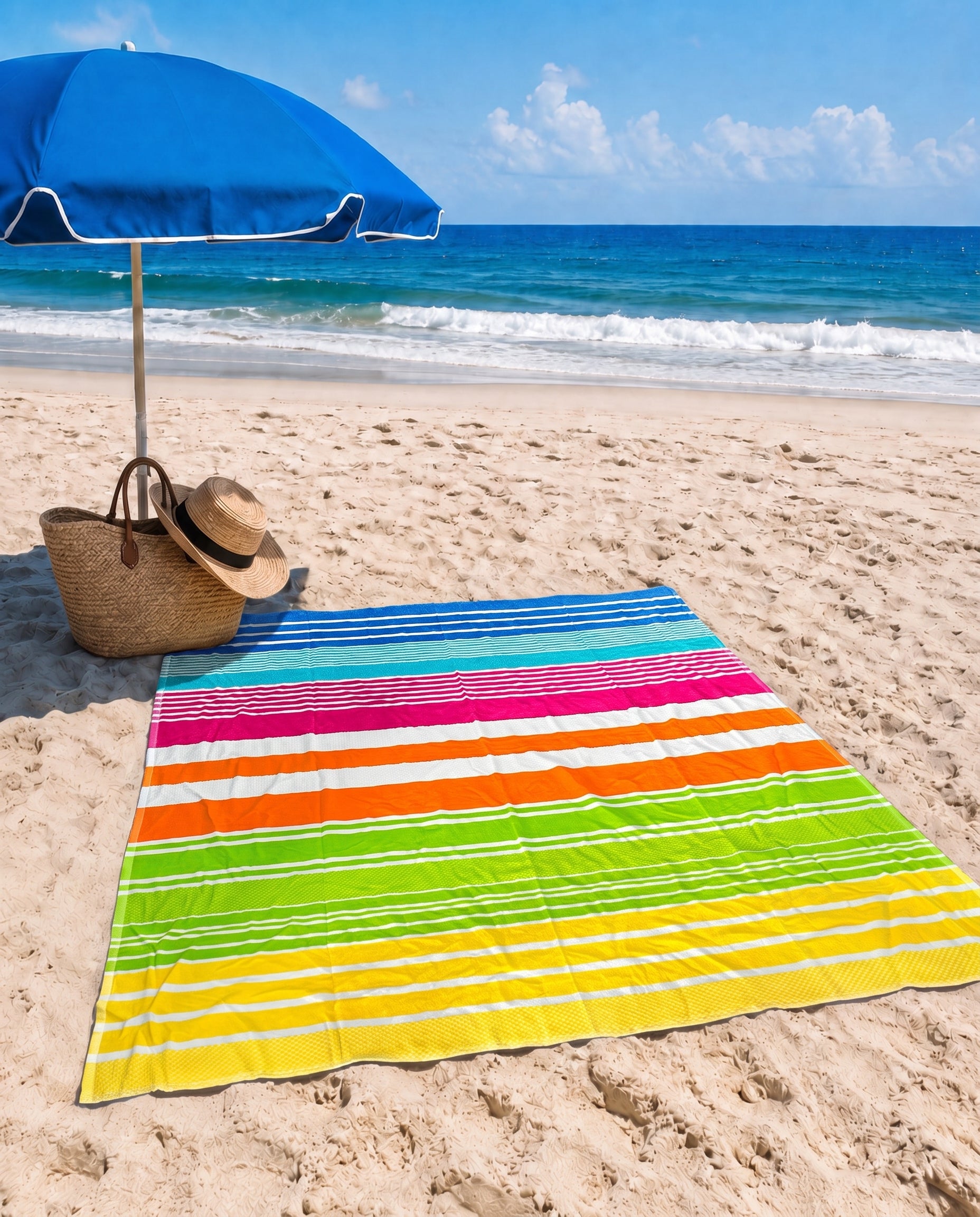 Giant Rainbow Stripe Beach Towel laid out showing bold multicolour stripes