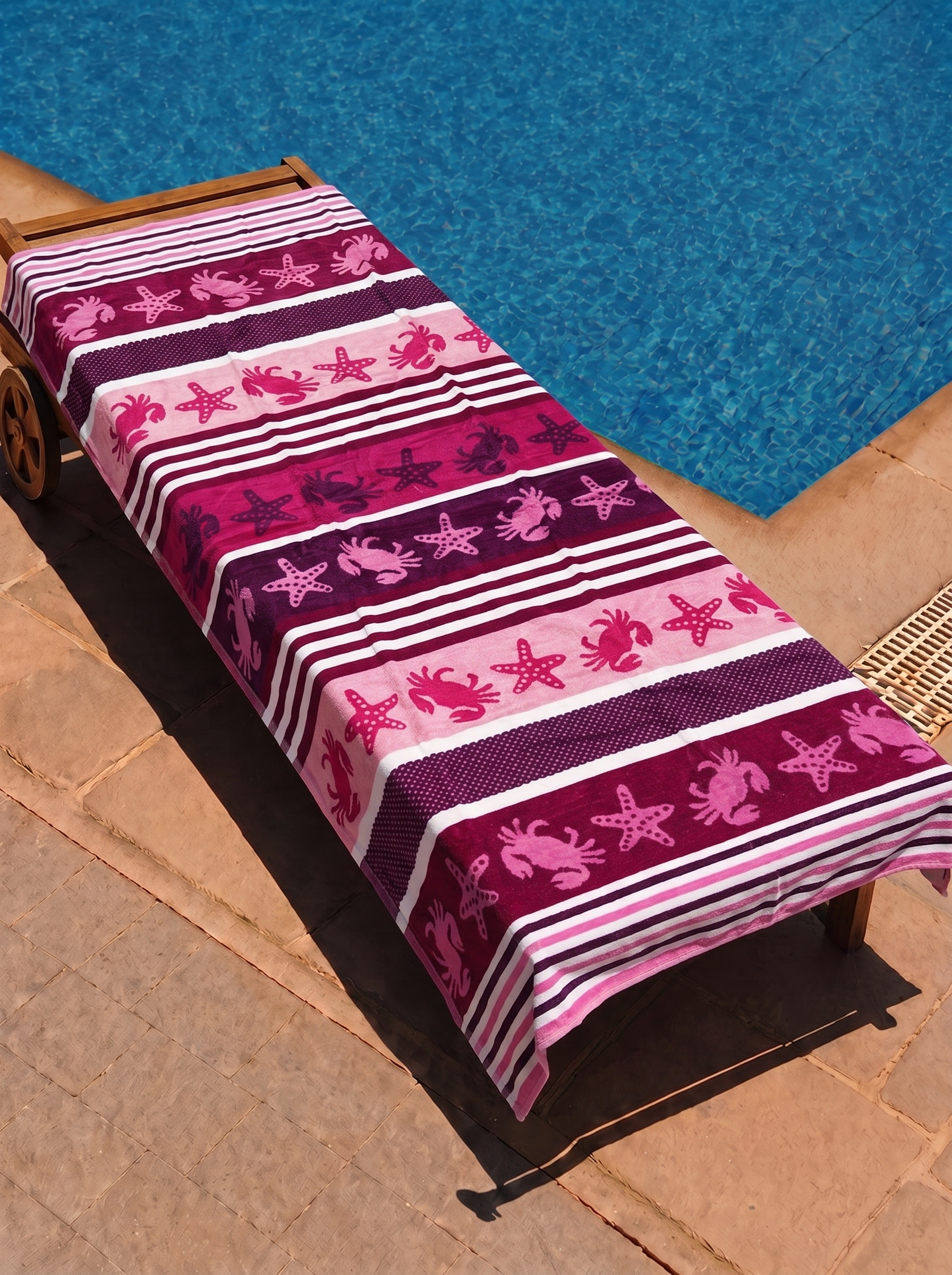Pink crab and starfish stripe towel on a poolside lounge chair
