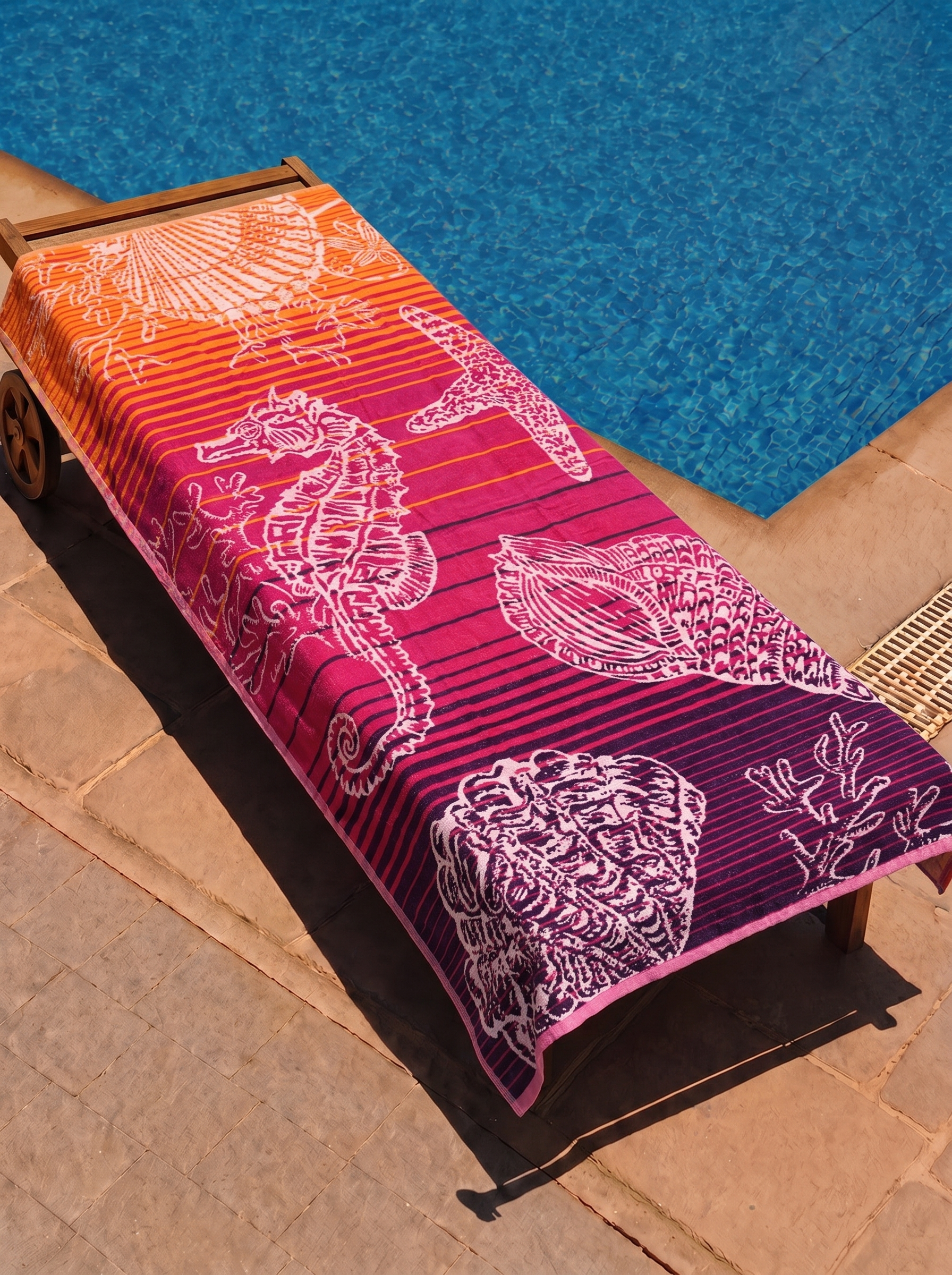 Sunset seahorse and shell towel on a poolside lounge chair