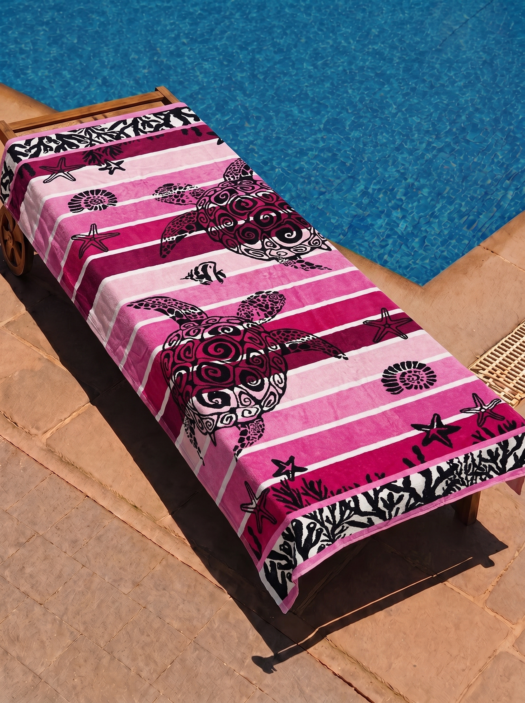 Pink and black sea turtle stripe towel on a poolside lounge chair