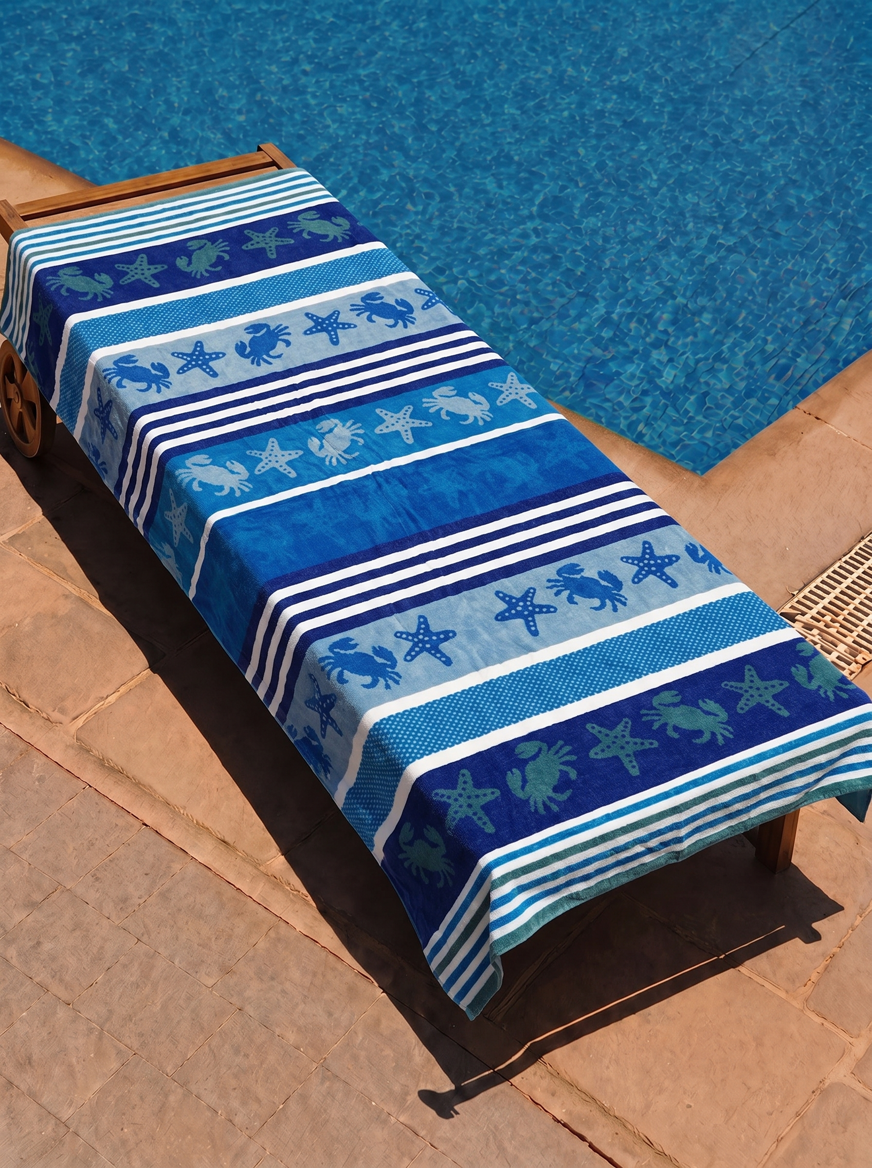 Blue and green crab and starfish stripe towel on a poolside lounge chair