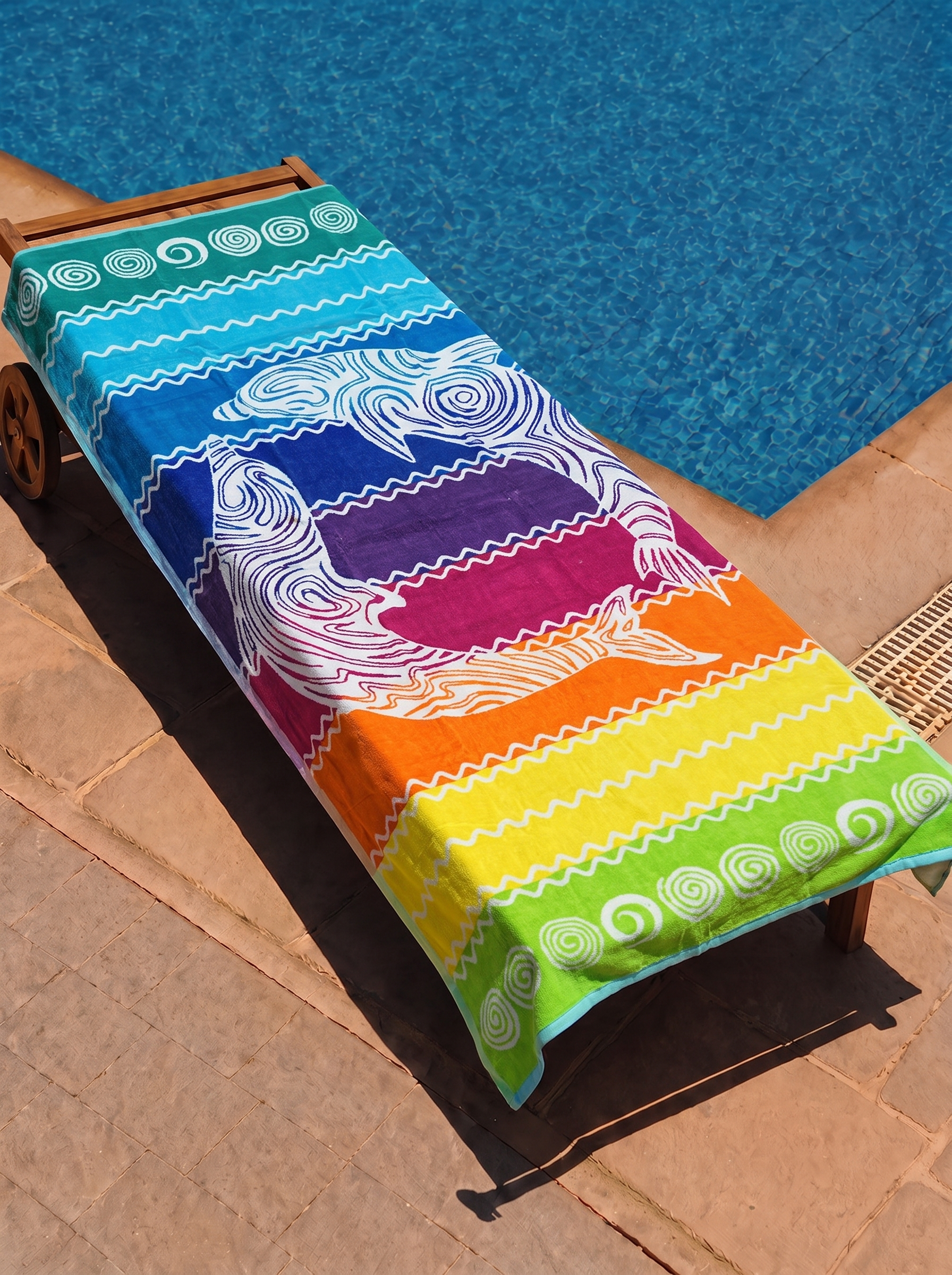Rainbow dolphin swirl ombre towel on a poolside lounge chair