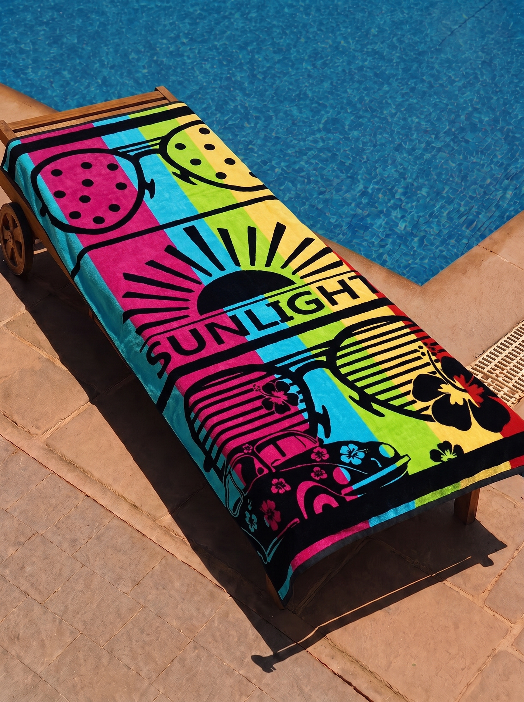 Rainbow Sunlight sunglasses towel on a poolside lounge chair
