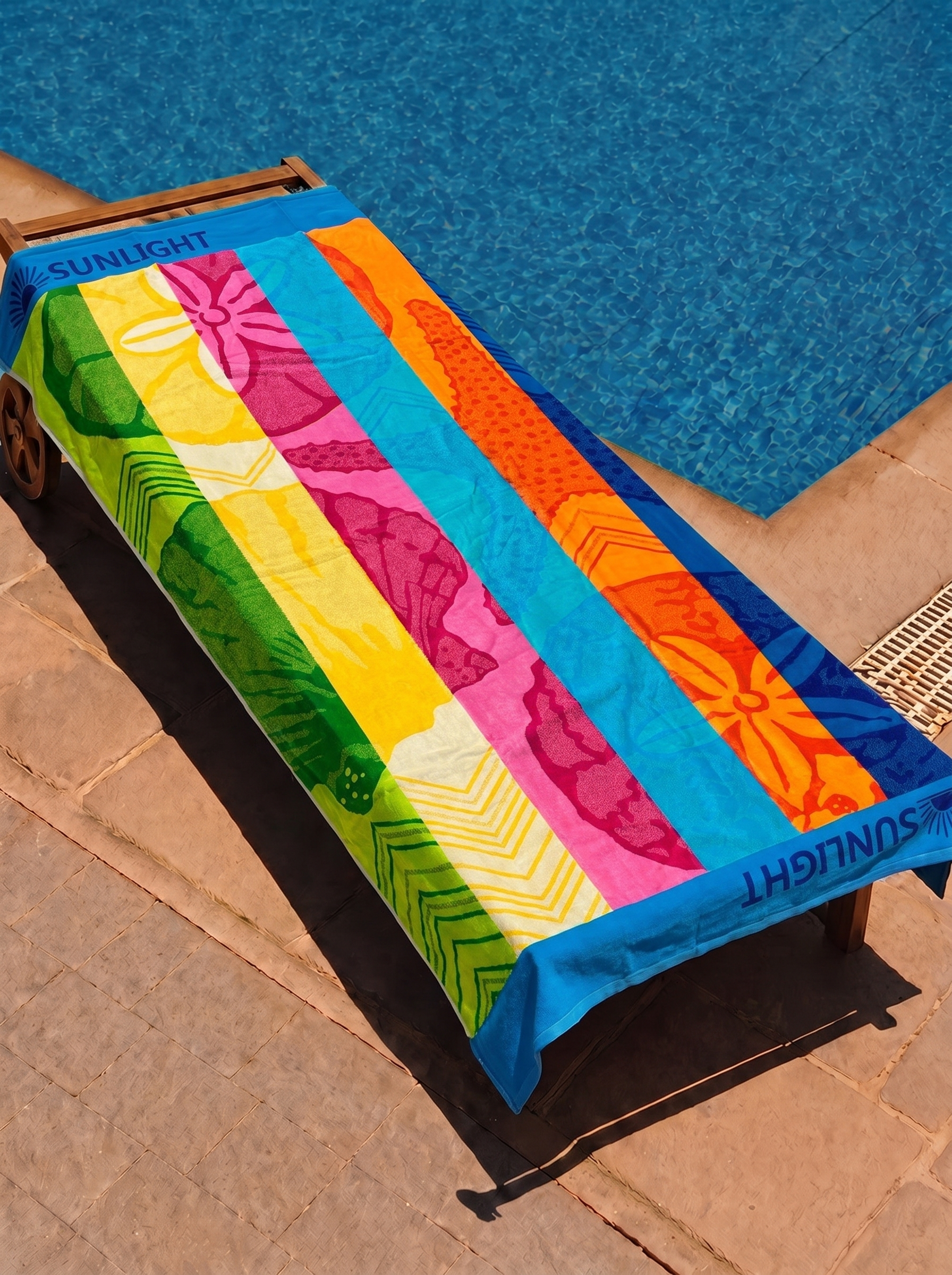 Sunlight beach vibes stripe towel on a poolside lounge chair