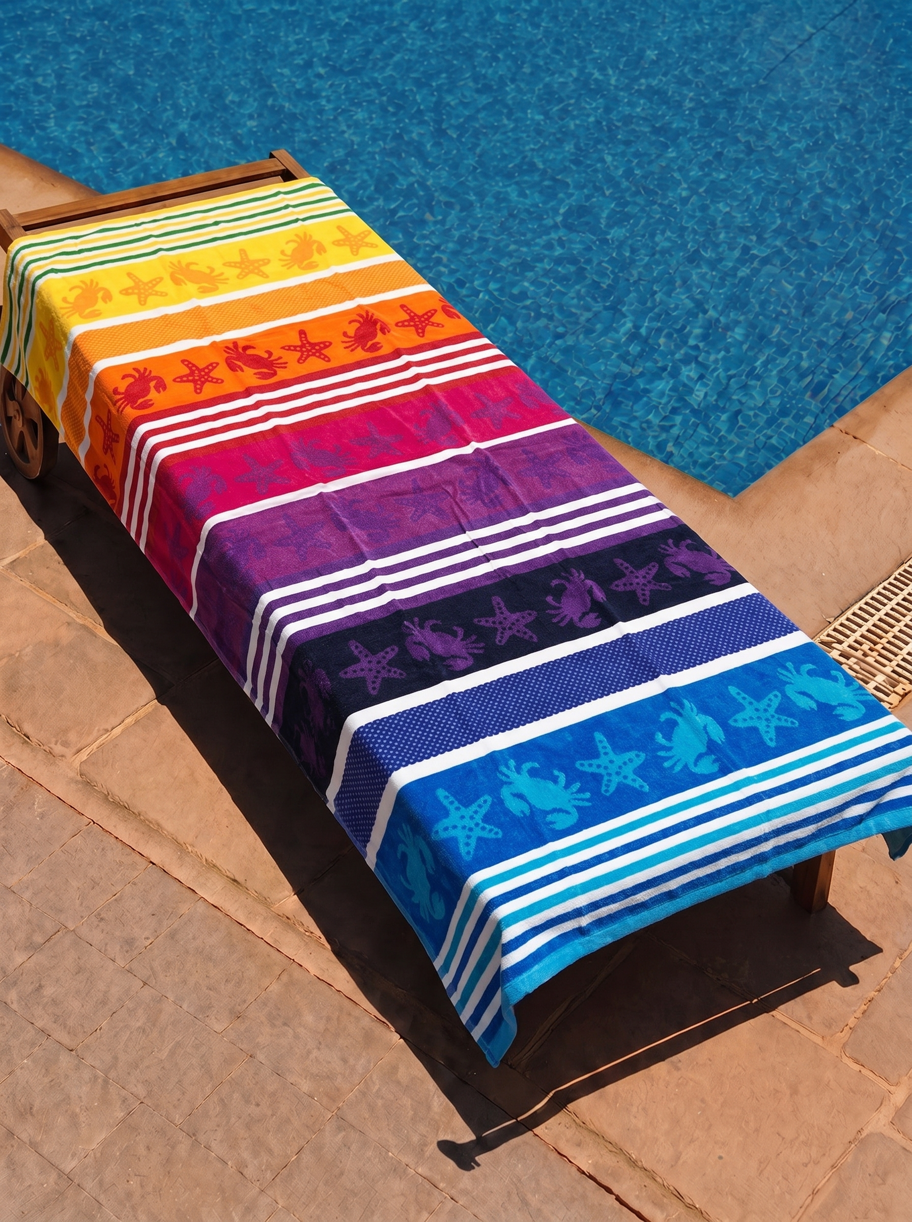 Rainbow crab and starfish ombre stripe towel on a poolside lounge chair