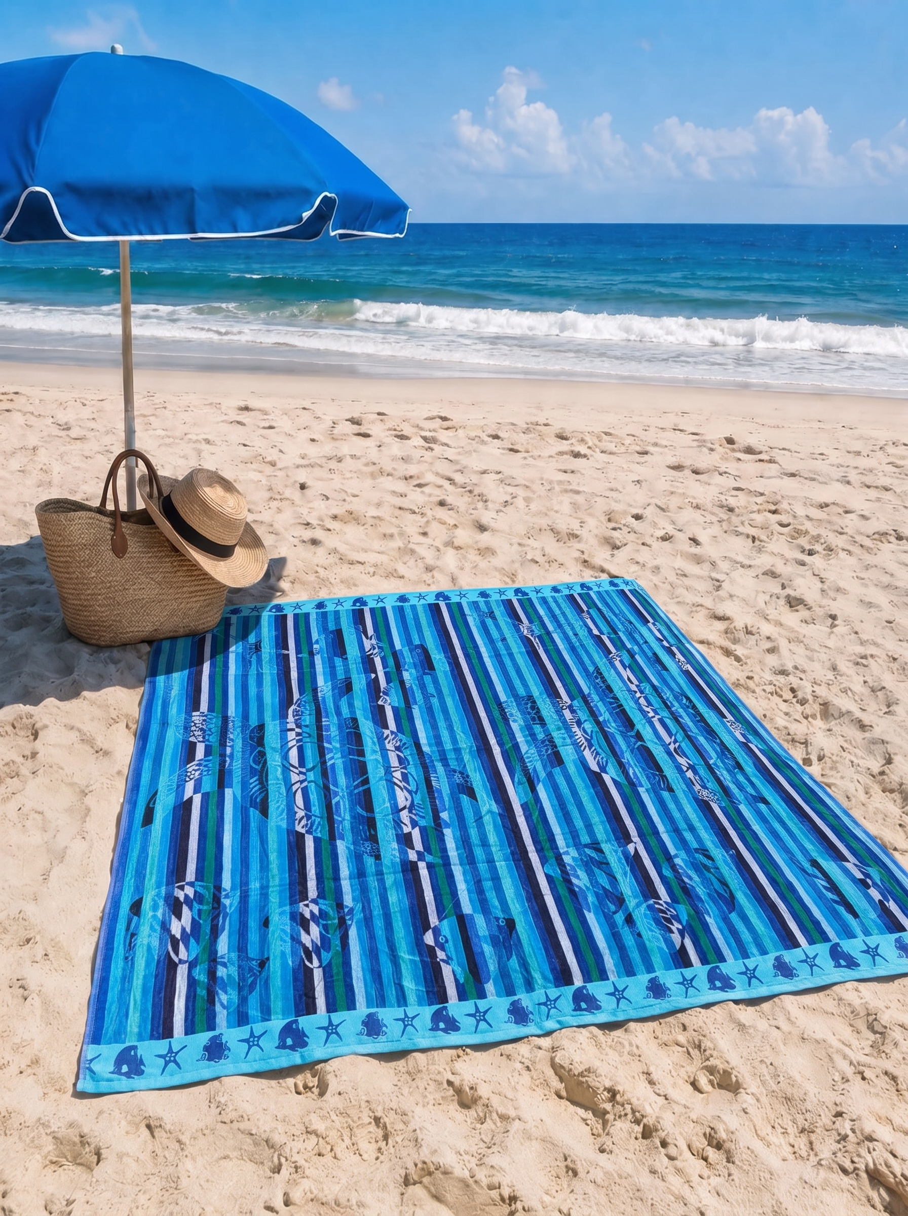 Giant Blue Sealife Striped Beach Towel