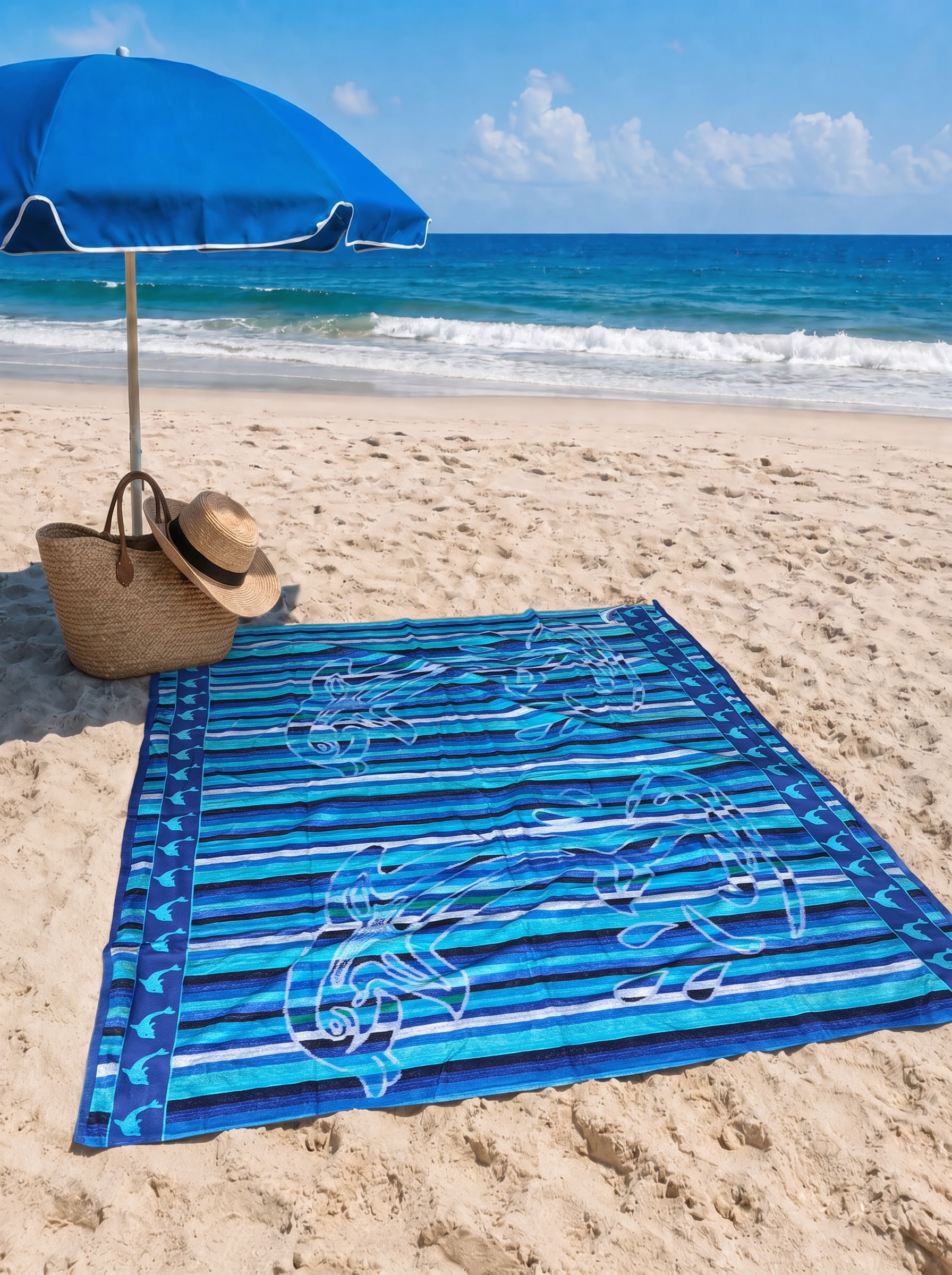 Giant Blue Dolphin Striped Beach Towel