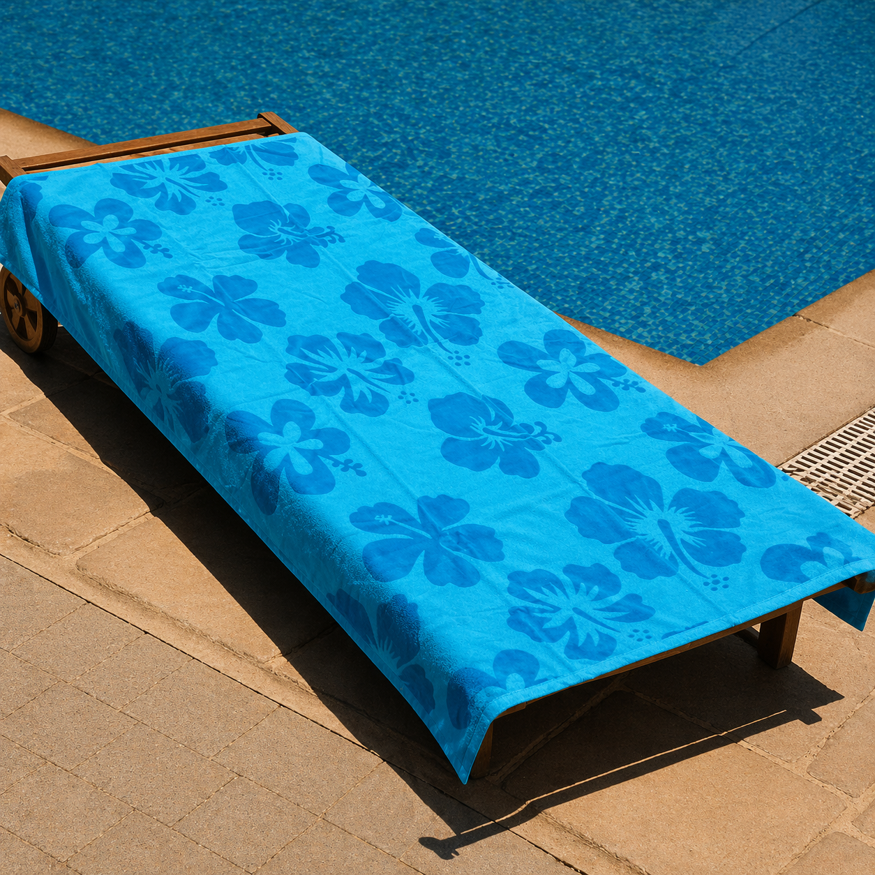 Tonal turquoise beach towel with allover hibiscus flower jacquard print