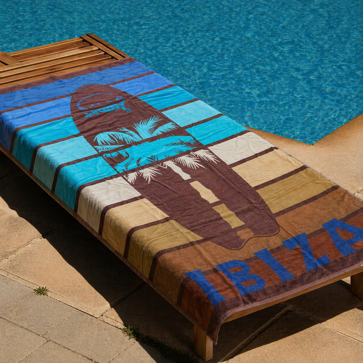Brown and blue Ibiza beach towel with palm tree, surfboard and IBIZA text on multicolor striped background