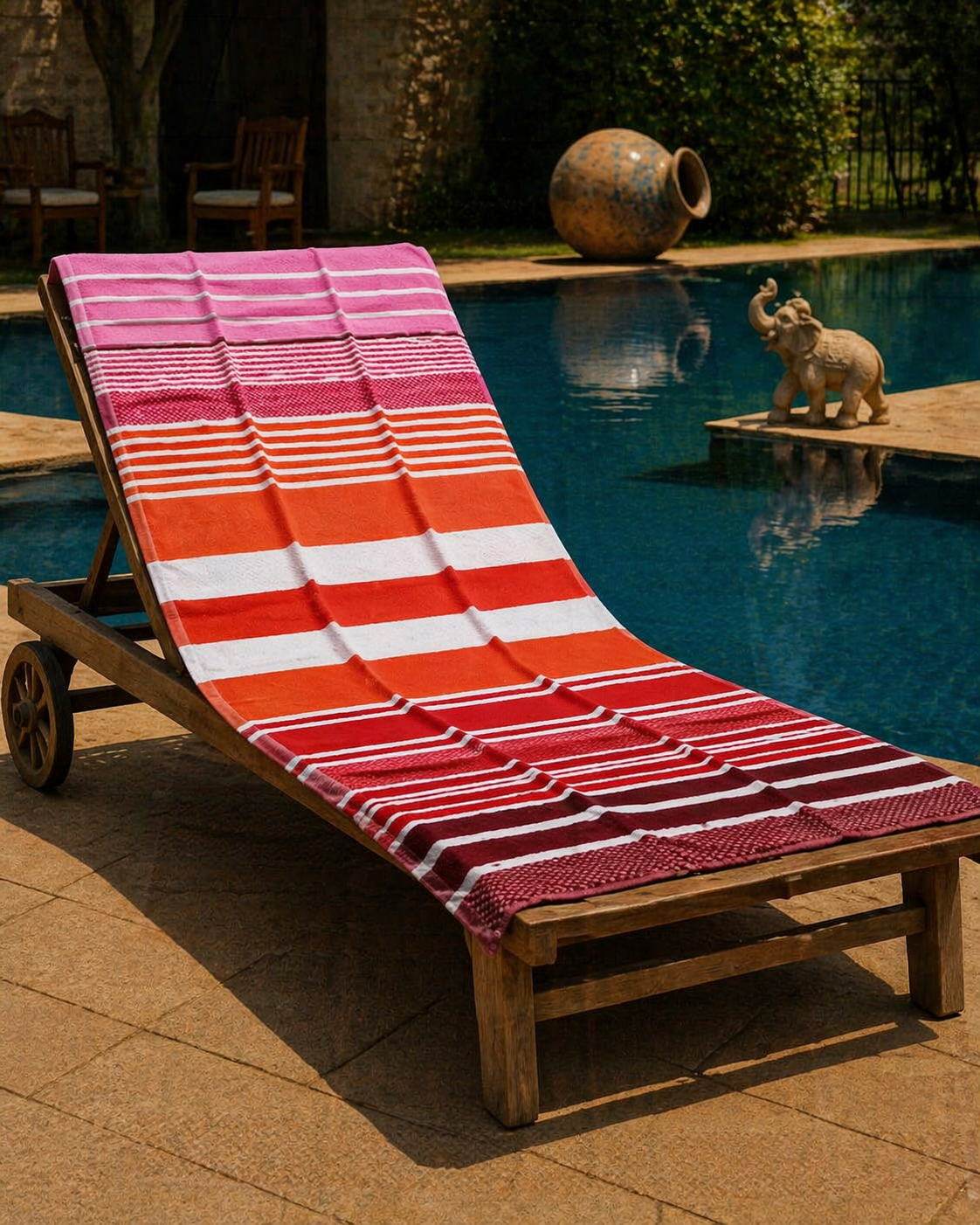 Beach towel with pink, coral, orange, red and burgundy ombre horizontal stripes