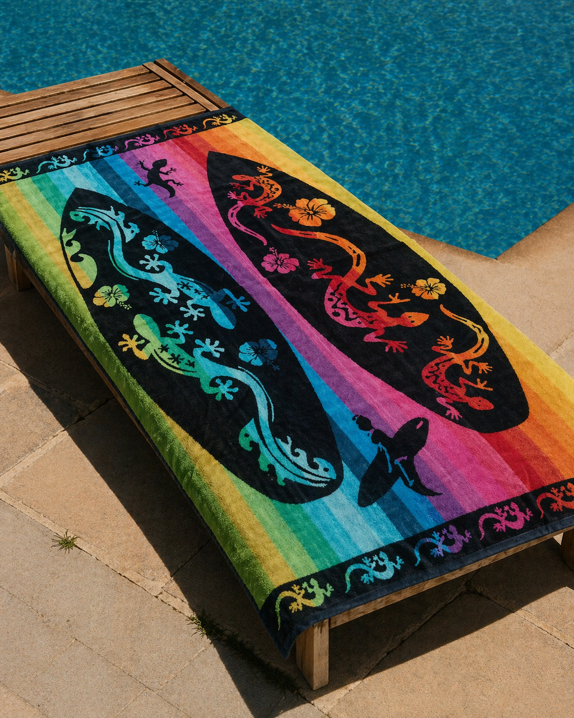 Multicolor rainbow striped beach towel with two black surfboards featuring gecko lizard designs and surfer silhouette