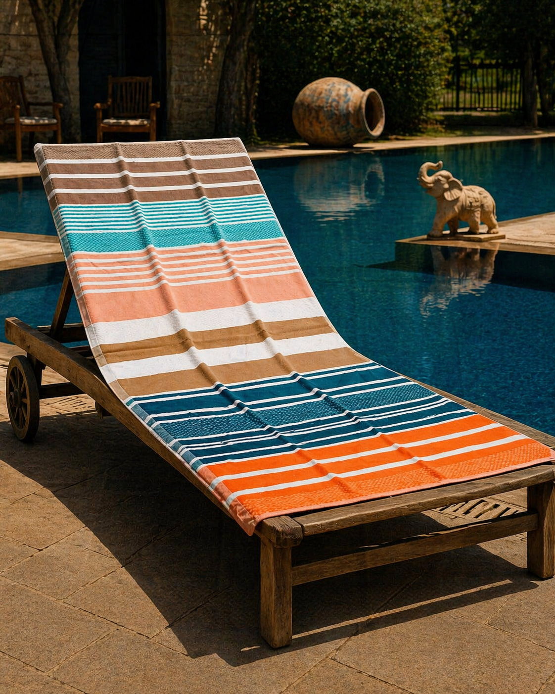 Earth tone striped beach towel with brown, beige, peach, navy, turquoise and orange horizontal stripes