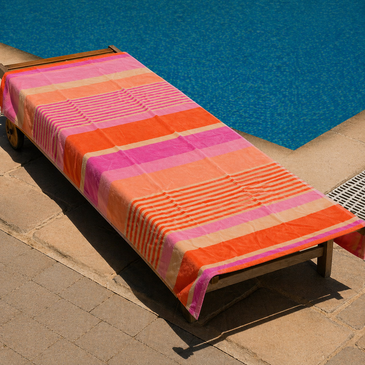 Pink, coral, orange and peach horizontal striped beach towel with sunset color palette