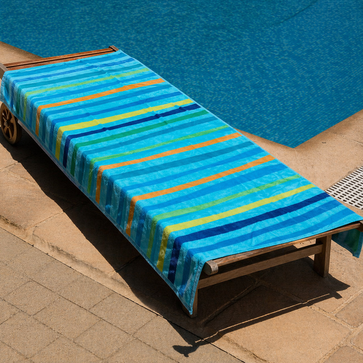 Turquoise dominant beach towel with thin multicolor stripes in blue, green, orange and yellow