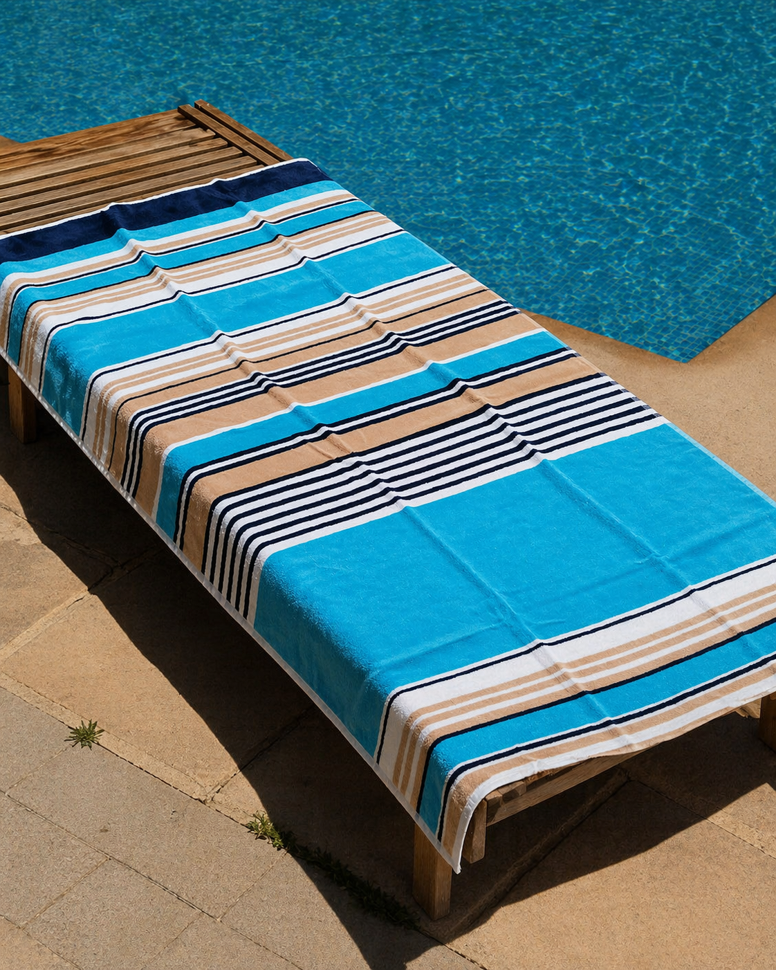 Turquoise, beige, navy and white horizontal striped beach towel with mixed stripe widths