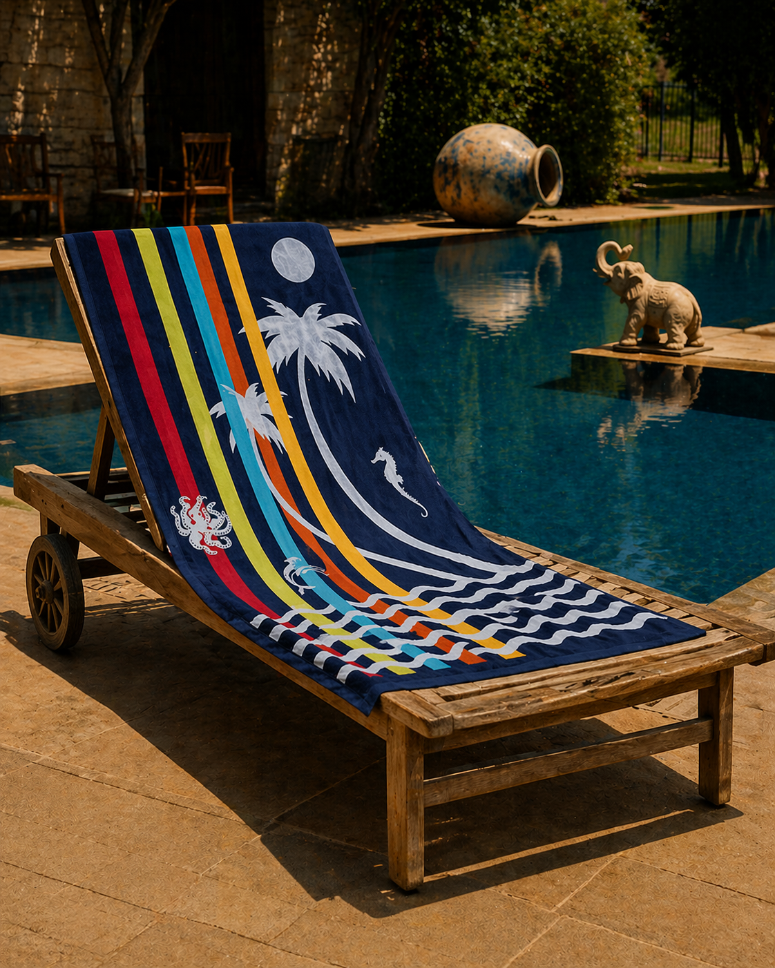 Navy blue beach towel with white palm trees, moon, dolphin, octopus and seahorse on tropical striped background