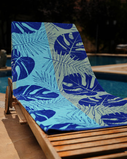 Navy and Green Palm Leaves Beach Towel