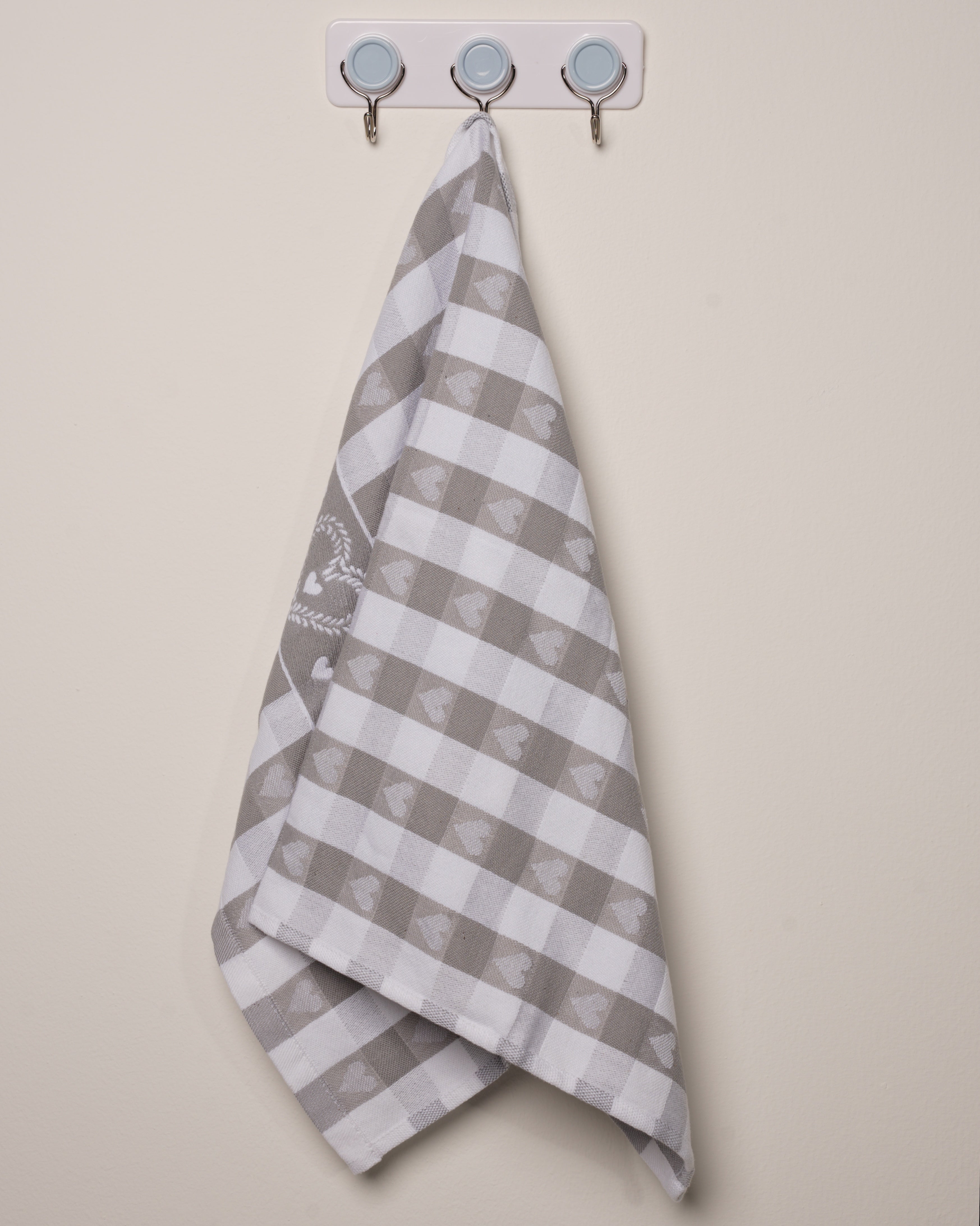 Grey Hearts In Checkered Kitchen Towel