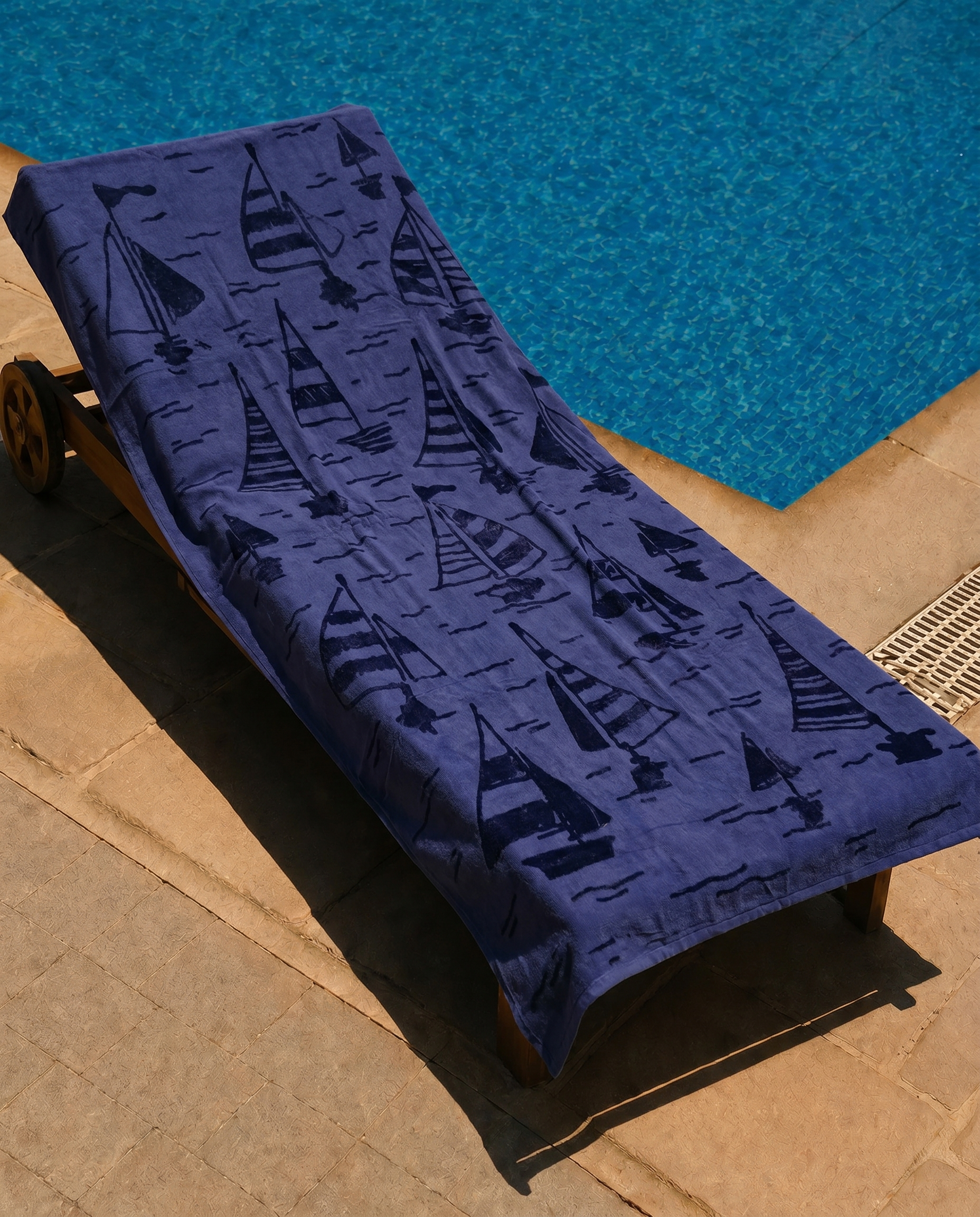 Indigo Sailboat Beach Towel draped on a lounge chair